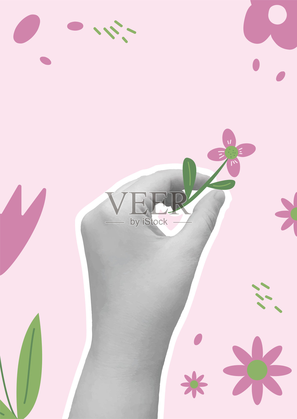 生日垂直拼贴背景。海报模板与手和花。夏季社交媒体卡装饰。矢量图插画图片素材