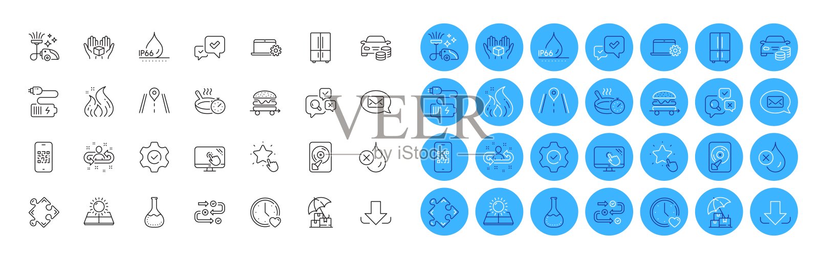 购买汽车，调查进度和防水线图标包。用于web应用程序。颜色图标按钮。向量插画图片素材