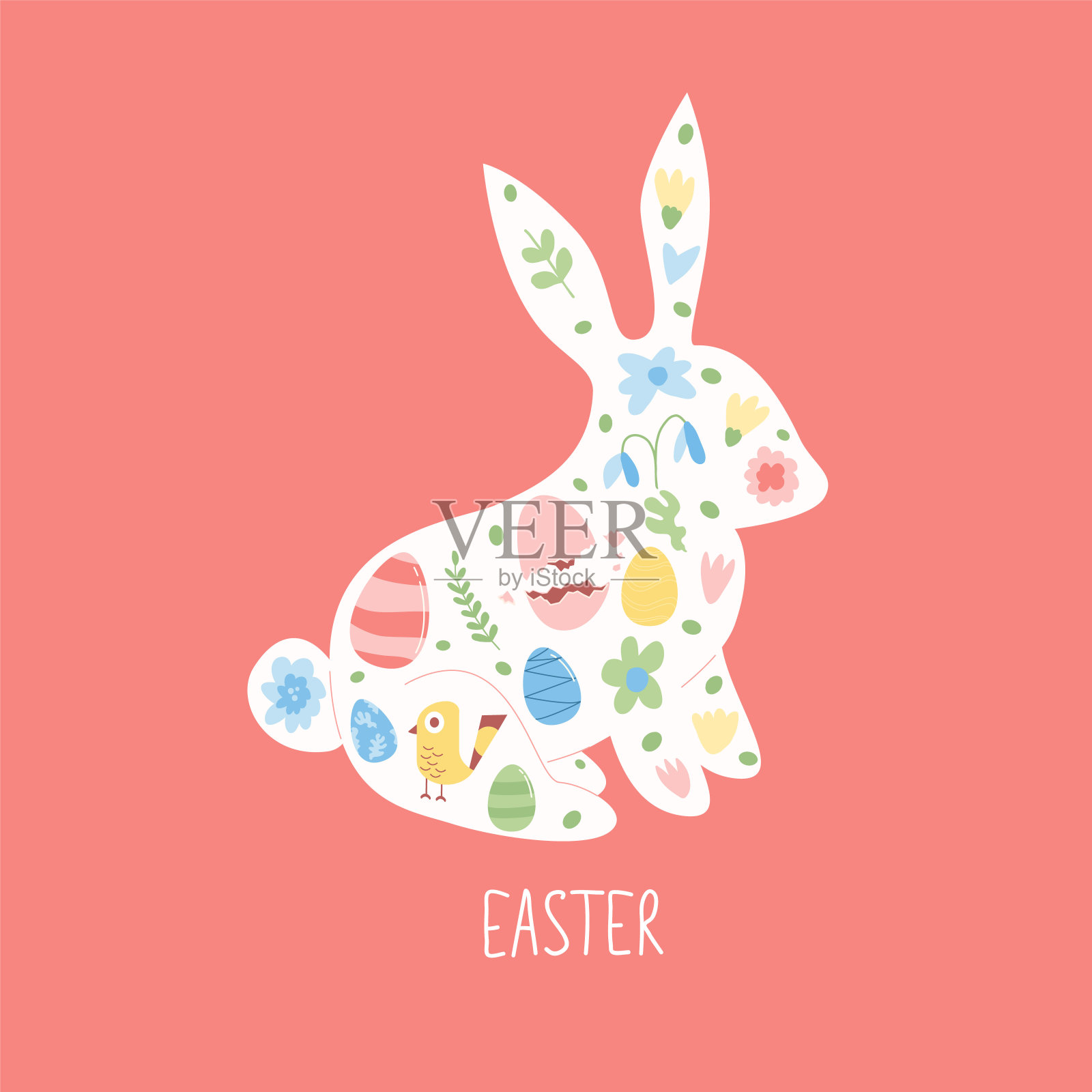 复活节兔子剪影与装饰。兔有蛋，花有花。春天是节日的象征。矢量平面插图插画图片素材