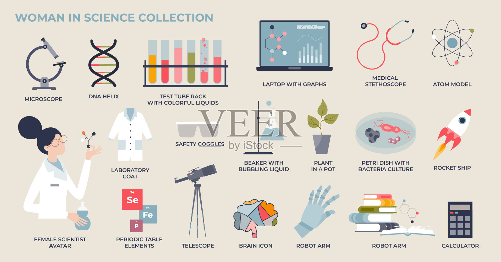 女科学家和女生物学研究者微型人集合集插画图片素材