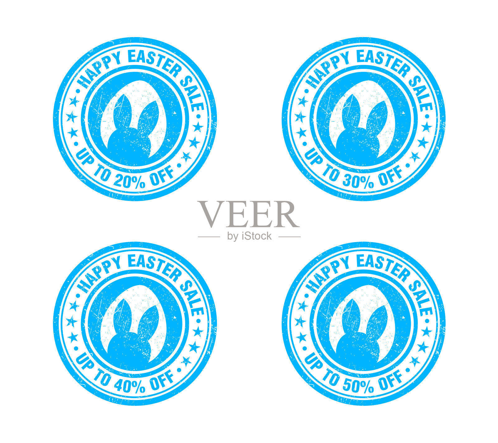 复活节快乐促销高达20%，30%，40%，50%。蓝色垃圾邮票套装插画图片素材