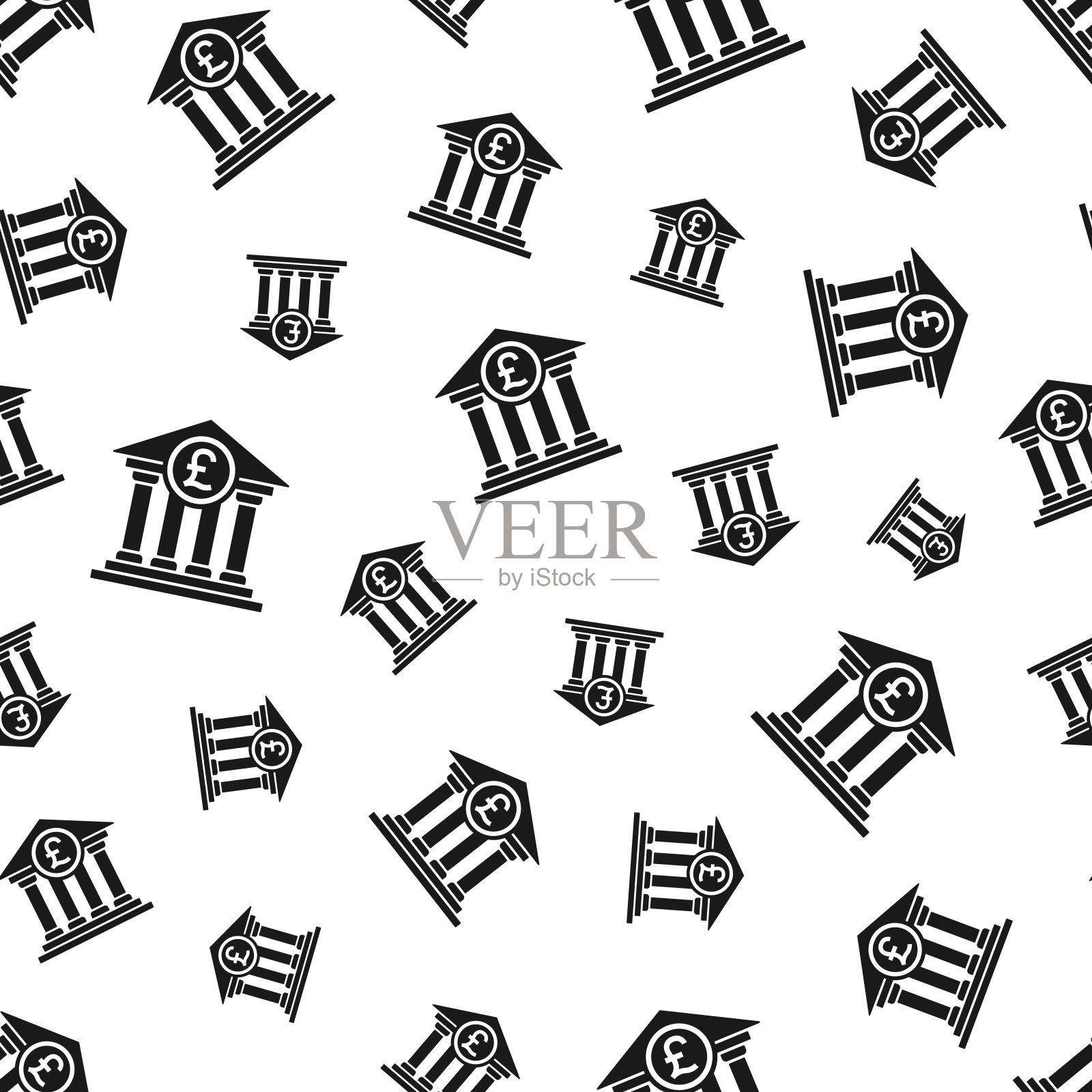 有镑标志的银行。无缝模式。白色背景的图标插画图片素材