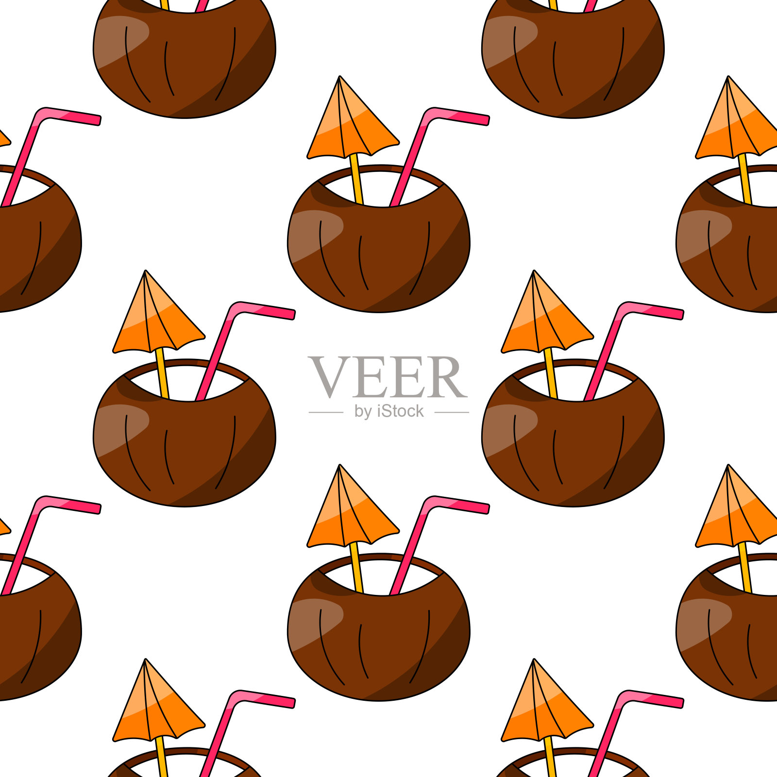 椰子鸡尾酒配伞和稻草图案插画图片素材