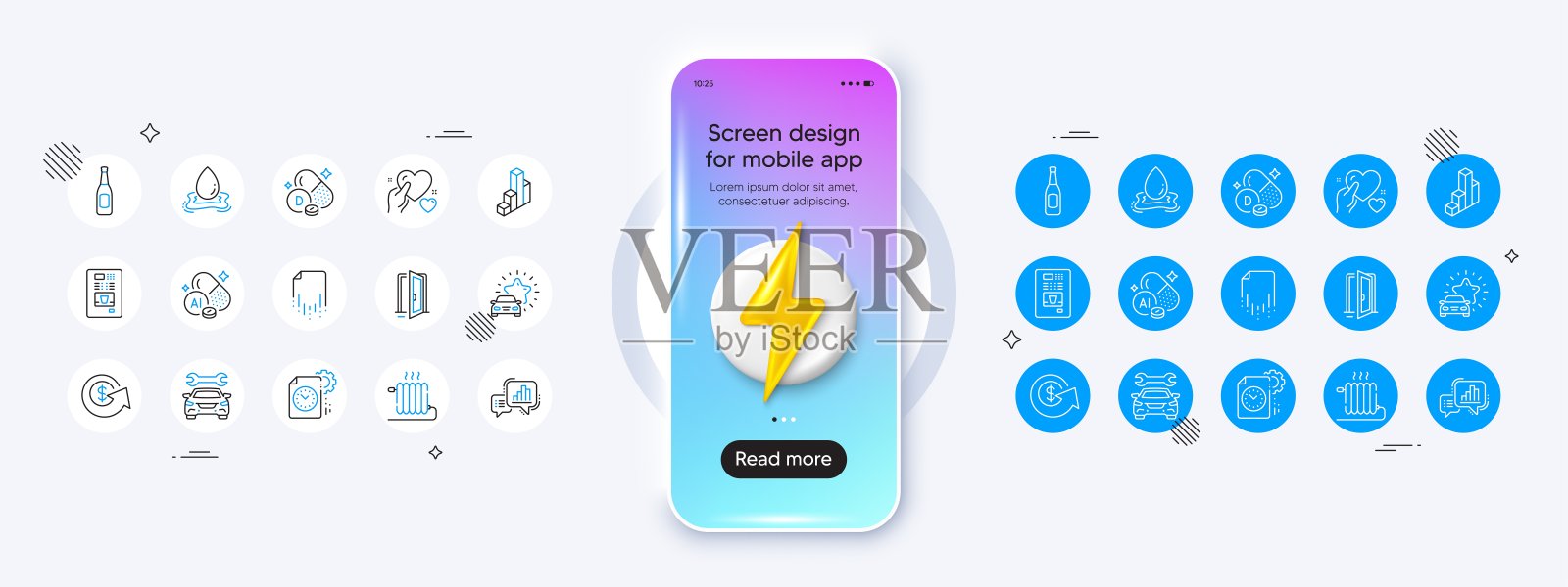 维生素d，散热器和啤酒线图标。对于web应用程序，打印。手机模型与3d能源图标。向量插画图片素材