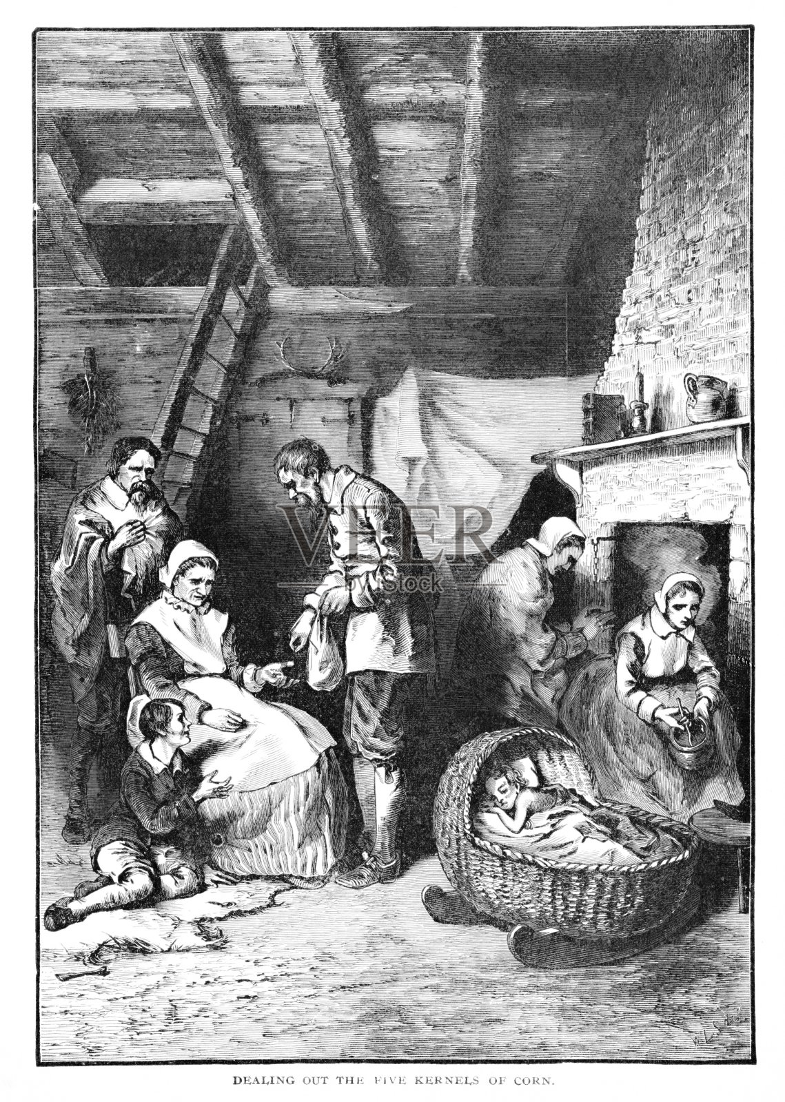 给饥饿的清教徒五粒玉米，17世纪的美国历史插画图片素材