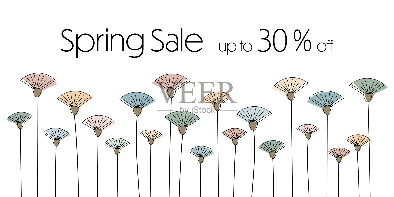 春季特惠，五折优惠。销售横幅与现代抽象花在柔和的颜色。插画图片素材