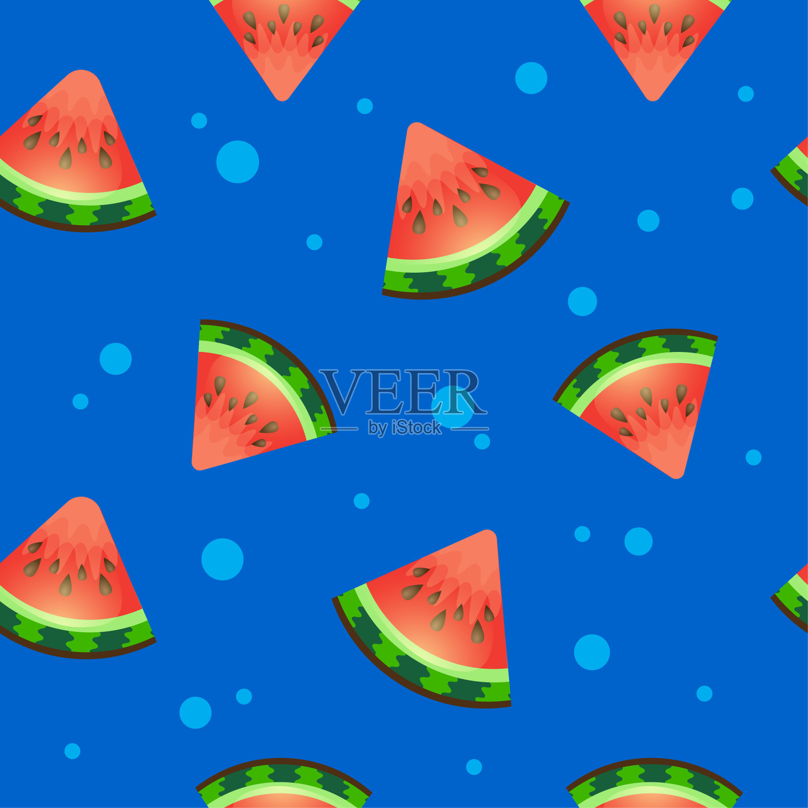 蓝色背景上新鲜西瓜片的彩色水果图案插画图片素材