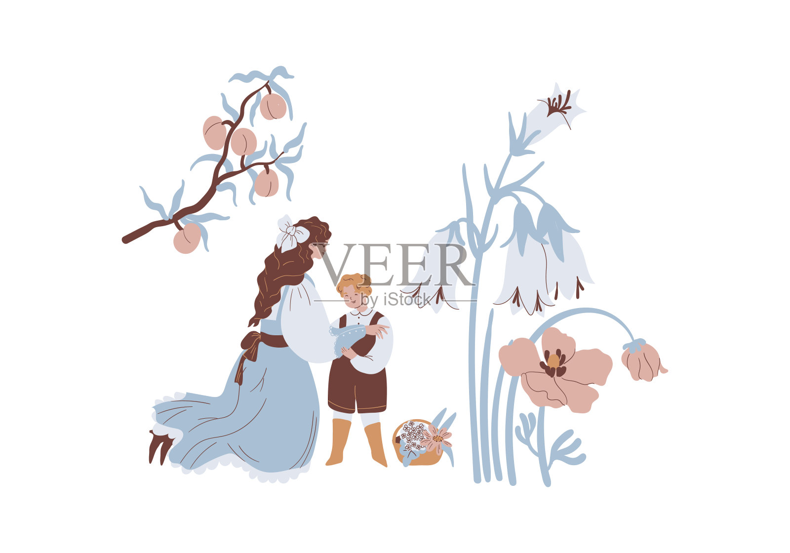 母亲节家在花园，母亲带着孩子插画图片素材