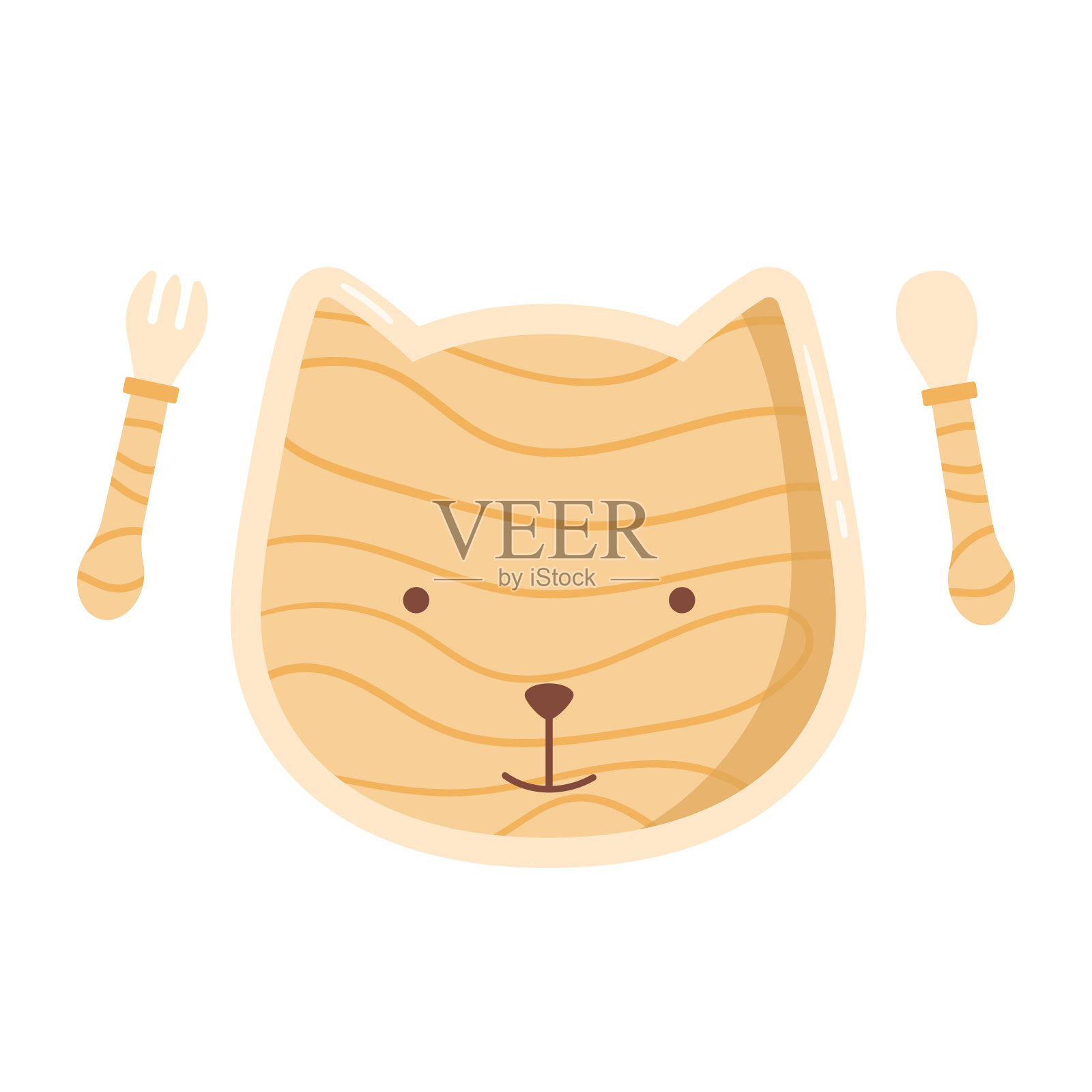 猫小孩餐具。儿童用木制盘子、叉子、勺子。儿童环保用具。婴儿营养与喂养生活方式理念。孤立的矢量插图在卡通风格插画图片素材