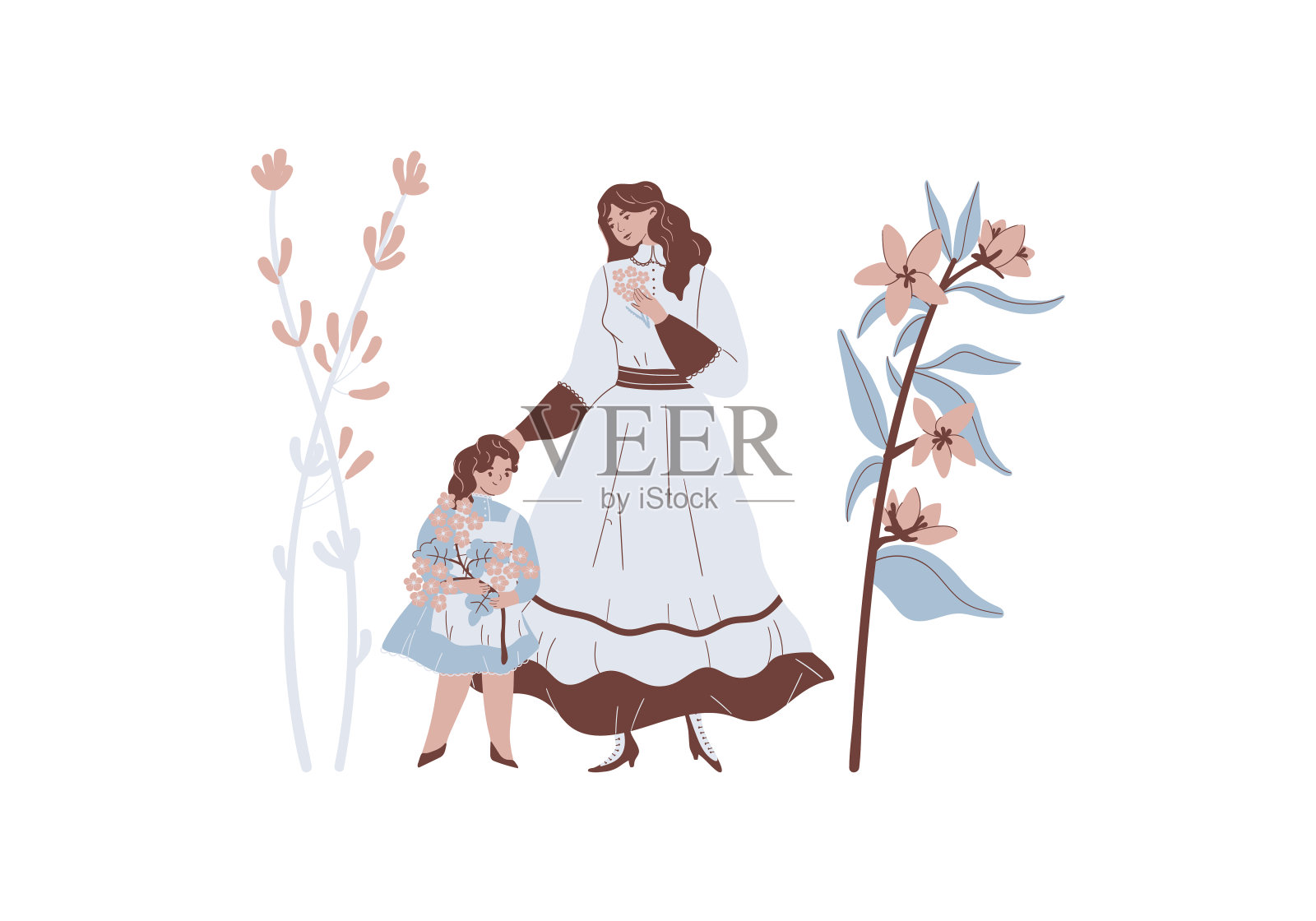 母亲节家在花园，母亲带着孩子插画图片素材