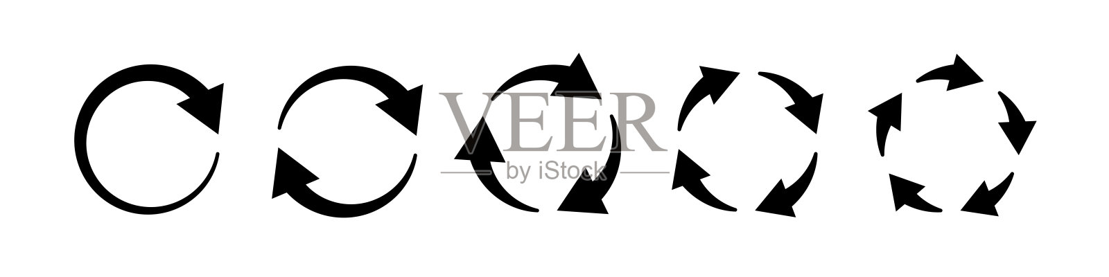 圆形箭头图标集。圆装弹，重新启动，循环和重复符号。一，二，三，四，五箭头在循环。圆形装填标志，重复图标。矢量插图隔离在白色背景上插画图片素材