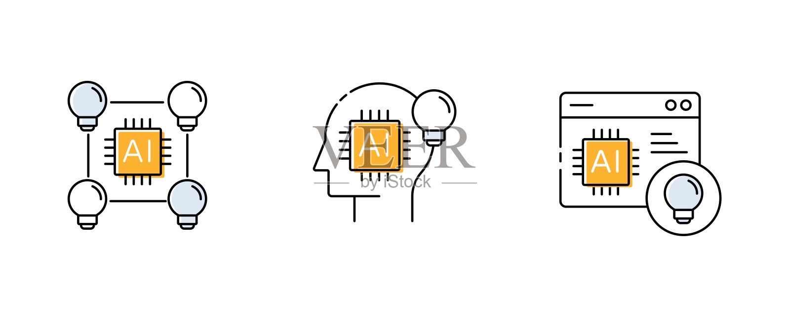 AI头脑风暴，创意生成AI，创意AI，头脑风暴同伴，AI构思，AI创意，AI灵感。具有可编辑笔触的矢量图标。插画图片素材