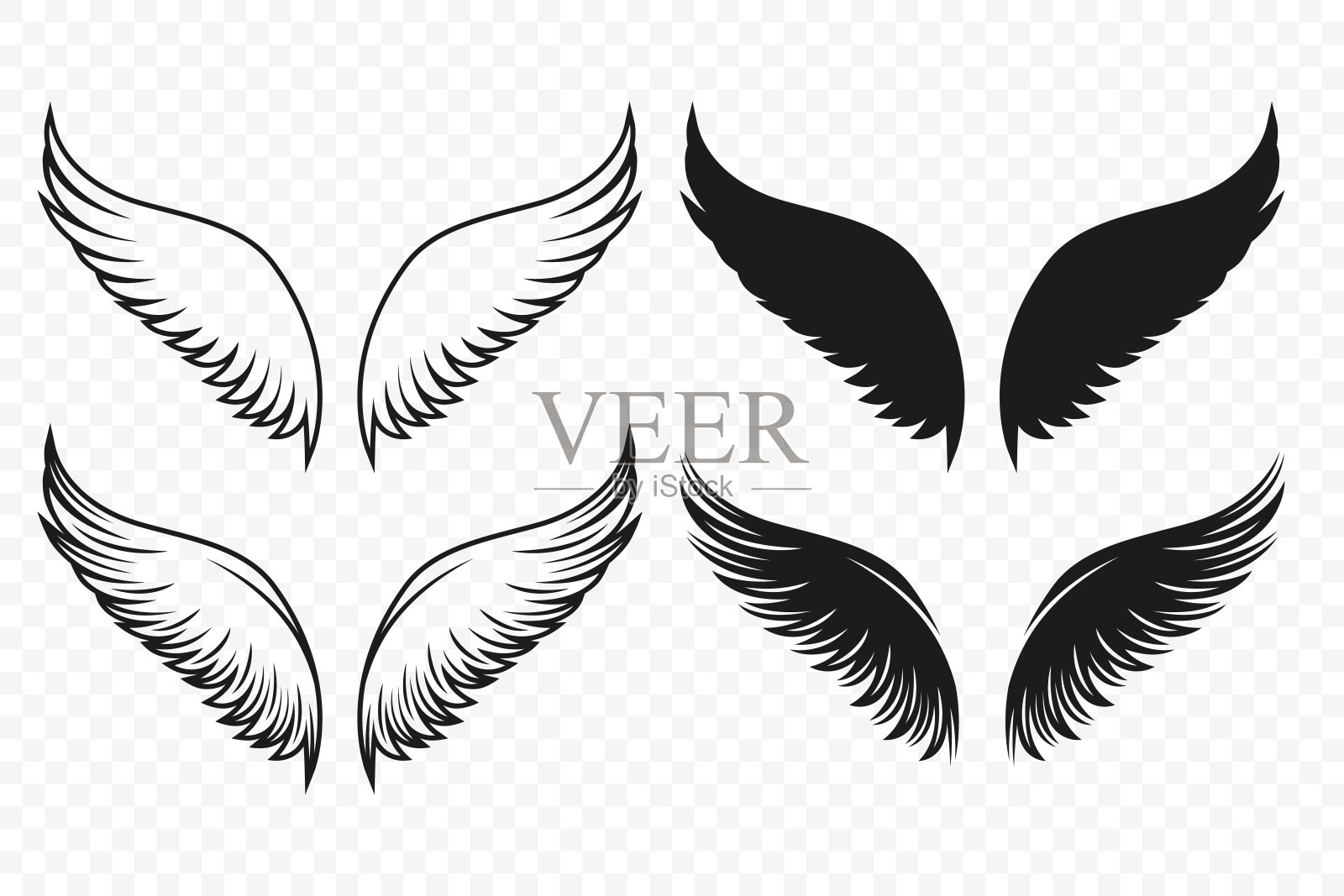 矢量翼图标集。复古天使翅膀轮廓，图标，标志设计模板，剪贴画集合。丘比特，鸟的翅膀。矢量图插画图片素材