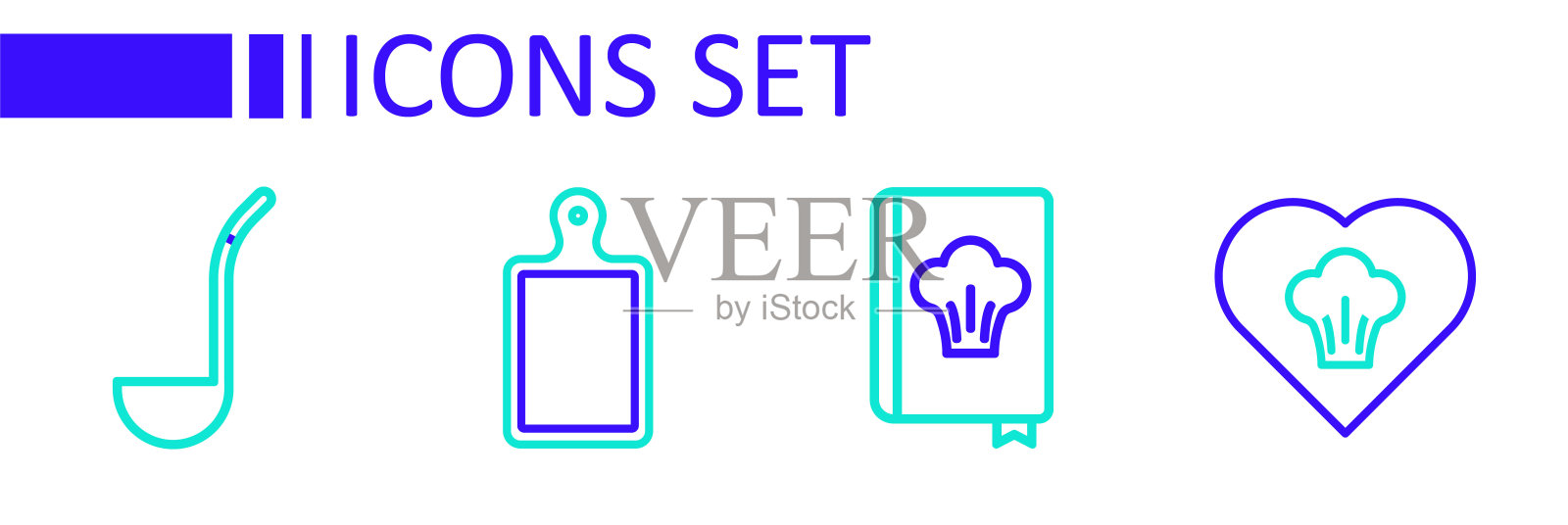 设置线厨师帽，食谱，砧板和厨房勺子图标。向量插画图片素材