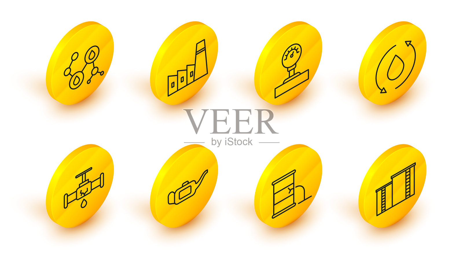 集线石油工业厂房，桶油泄漏，电机罐，破裂管道漏水，滴，压力表，和分子图标。向量插画图片素材