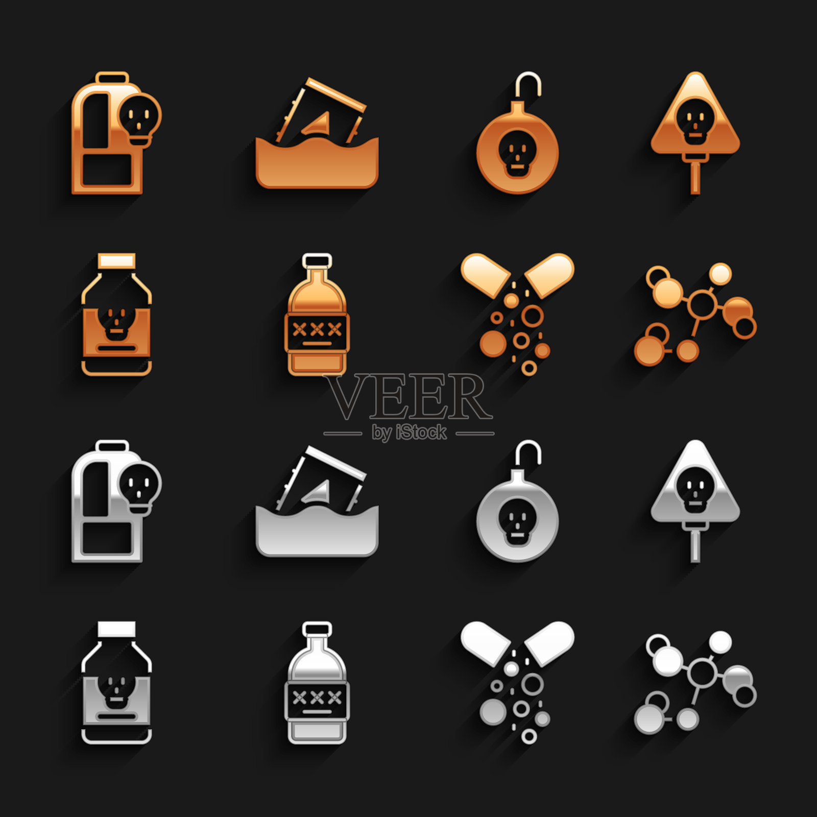 集有毒的酒精，骨头和头骨，化学配方，药丸，核弹，烧杯有毒液体和放射性废物在桶图标。向量插画图片素材