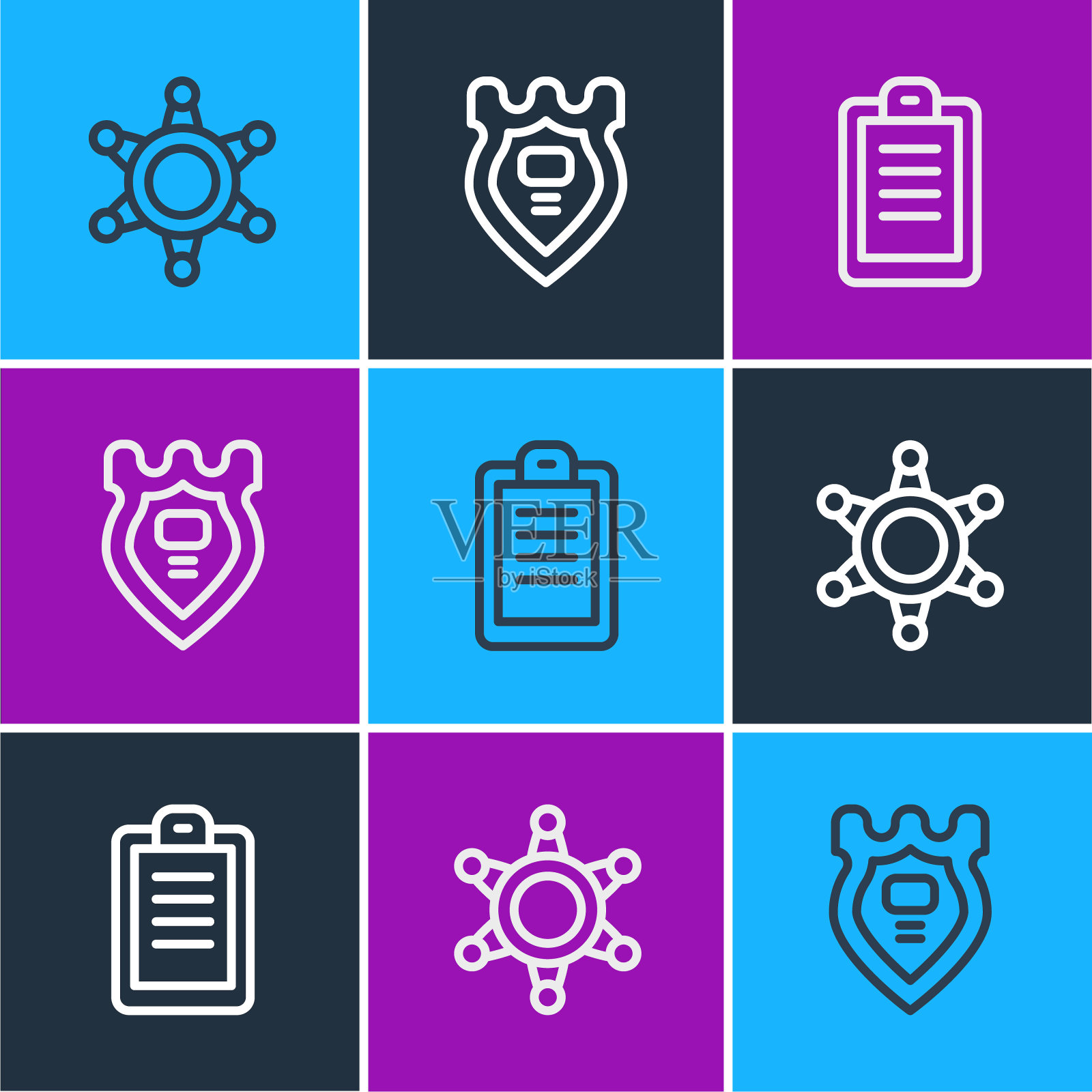 设置线六角星警长，警察报告和徽章图标。向量插画图片素材