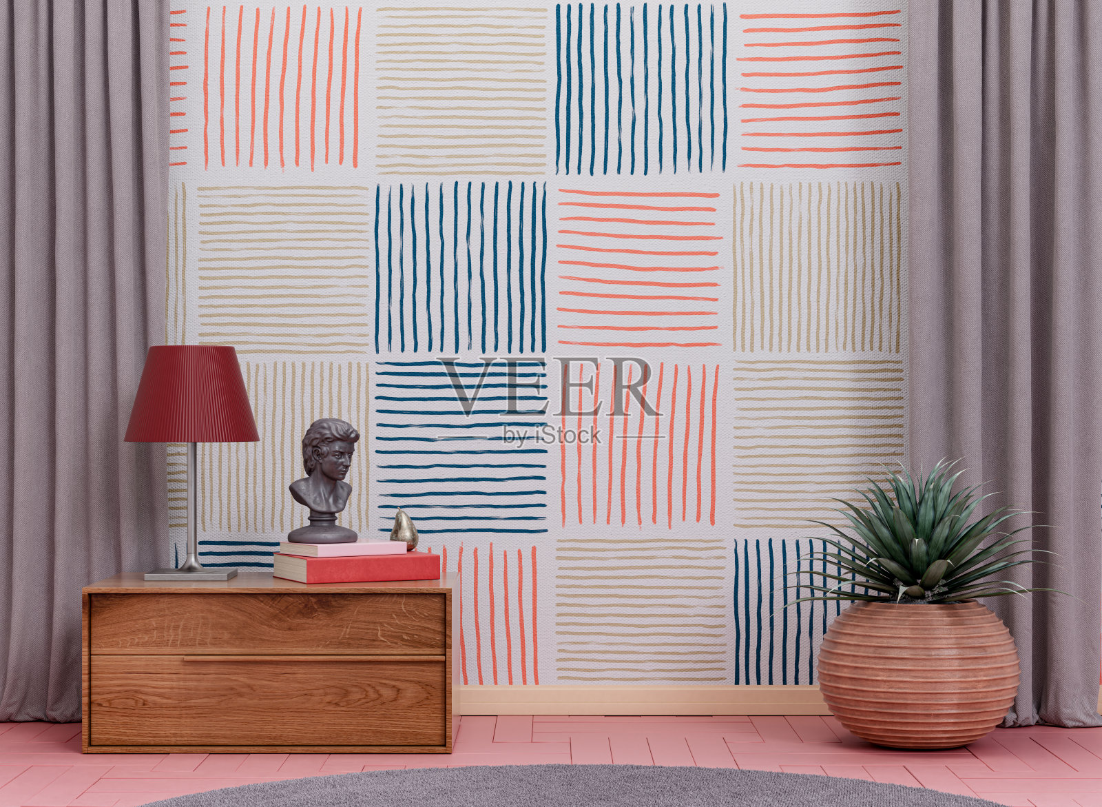 有家具的空房间。色彩缤纷的室内空间与空墙。三维渲染照片摄影图片