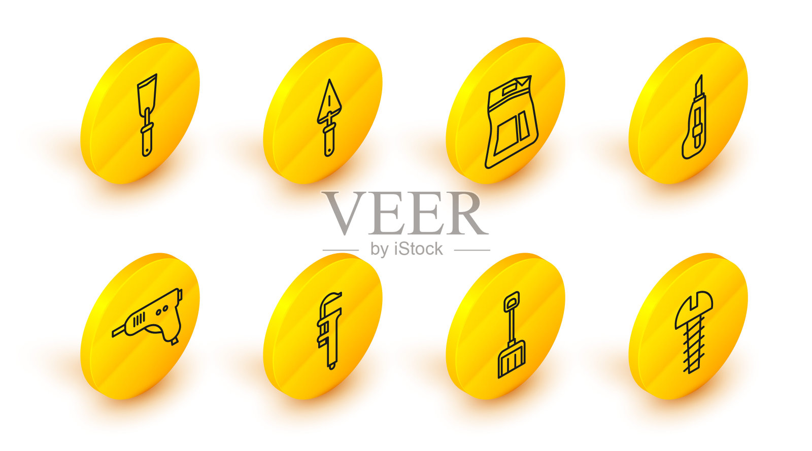 固定线金属螺丝，雪铲，卡尺或卡尺和秤，电热熔胶枪，文具刀，水泥袋，镘刀和腻子图标。向量插画图片素材