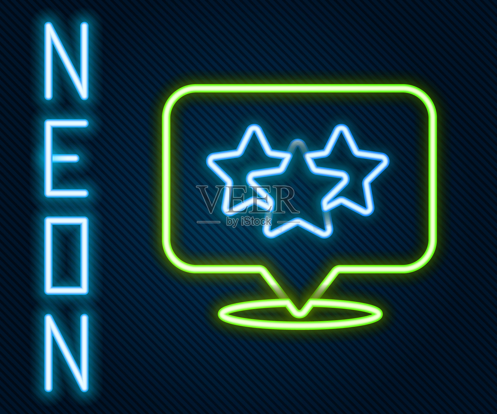 发光的霓虹灯线五星客户产品评级评论图标孤立的黑色背景。最受欢迎，最佳评级，奖励标志。色彩缤纷的轮廓概念。向量插画图片素材