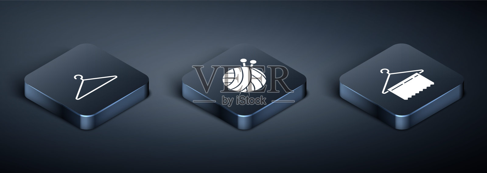 设置等距衣架衣柜，衣架衣柜和纱线球与针织针图标。向量插画图片素材