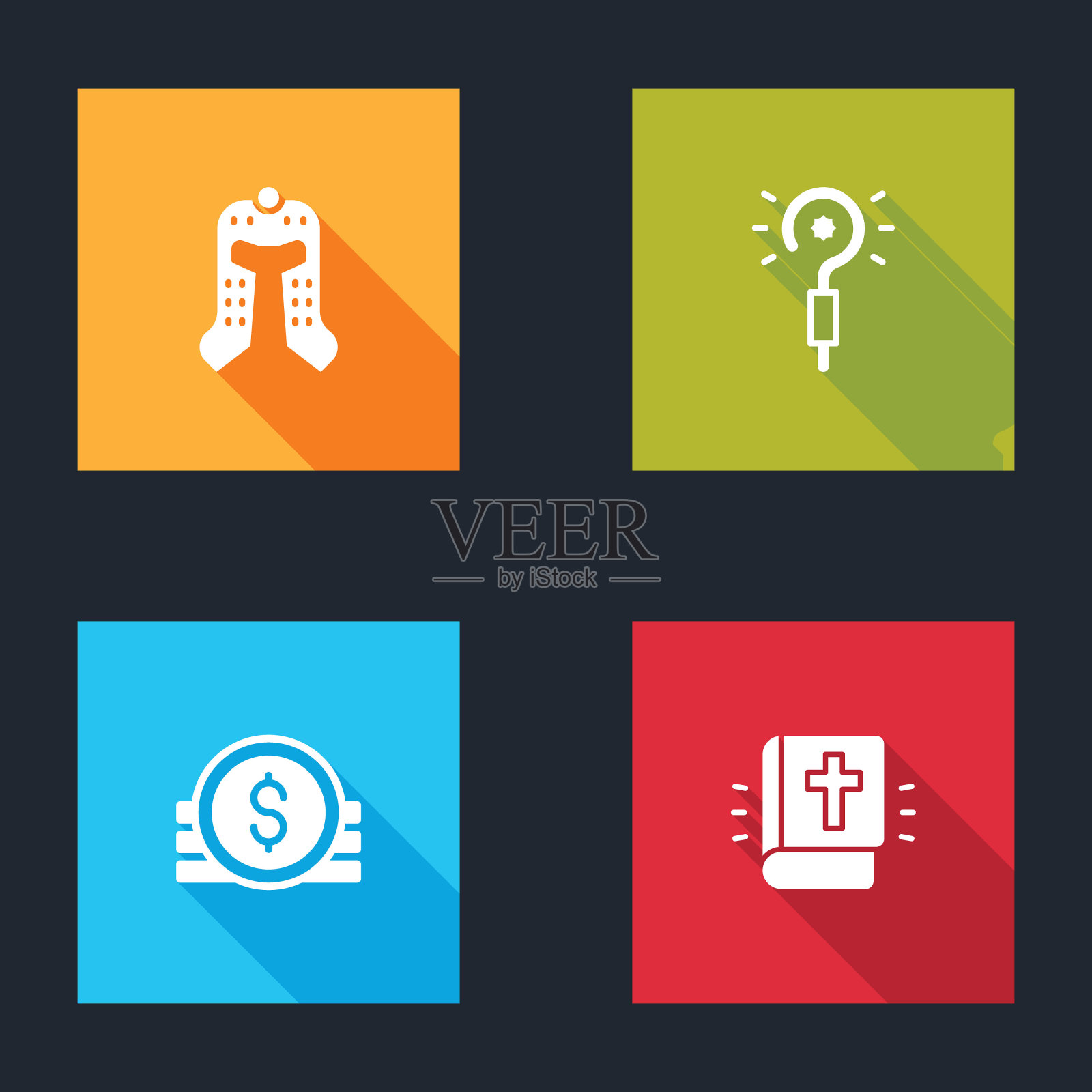 集中世纪头盔，魔杖，古代硬币和圣经书的图标。向量插画图片素材