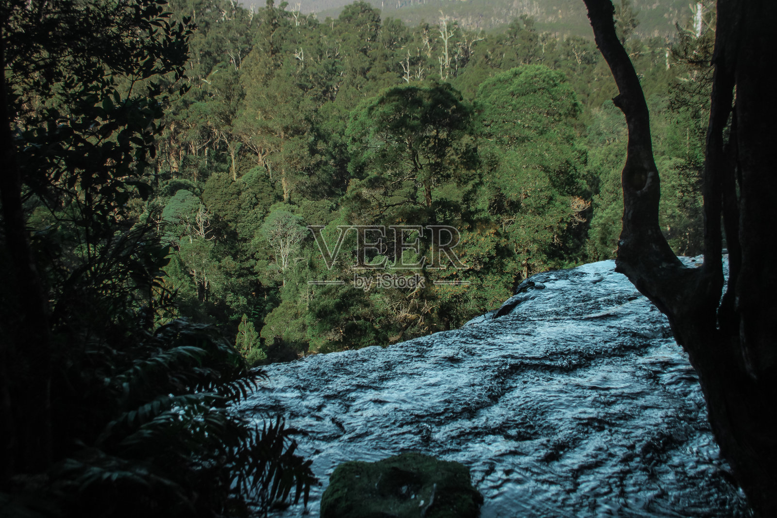 上图是塔斯马尼亚州菲尔德山国家公园的神奇拉塞尔瀑布，在丛林的中心迷人而宁静的瀑布。绿色和灰色像布景。照片摄影图片