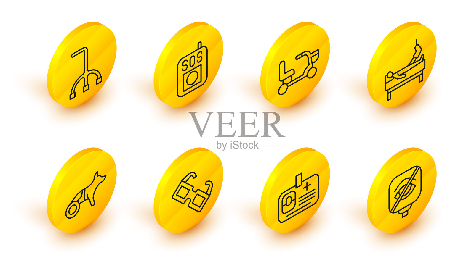 设置线路失明，识别徽章，眼镜，狗轮椅，断腿病人，电动，按SOS按钮和手杖图标。向量插画图片素材