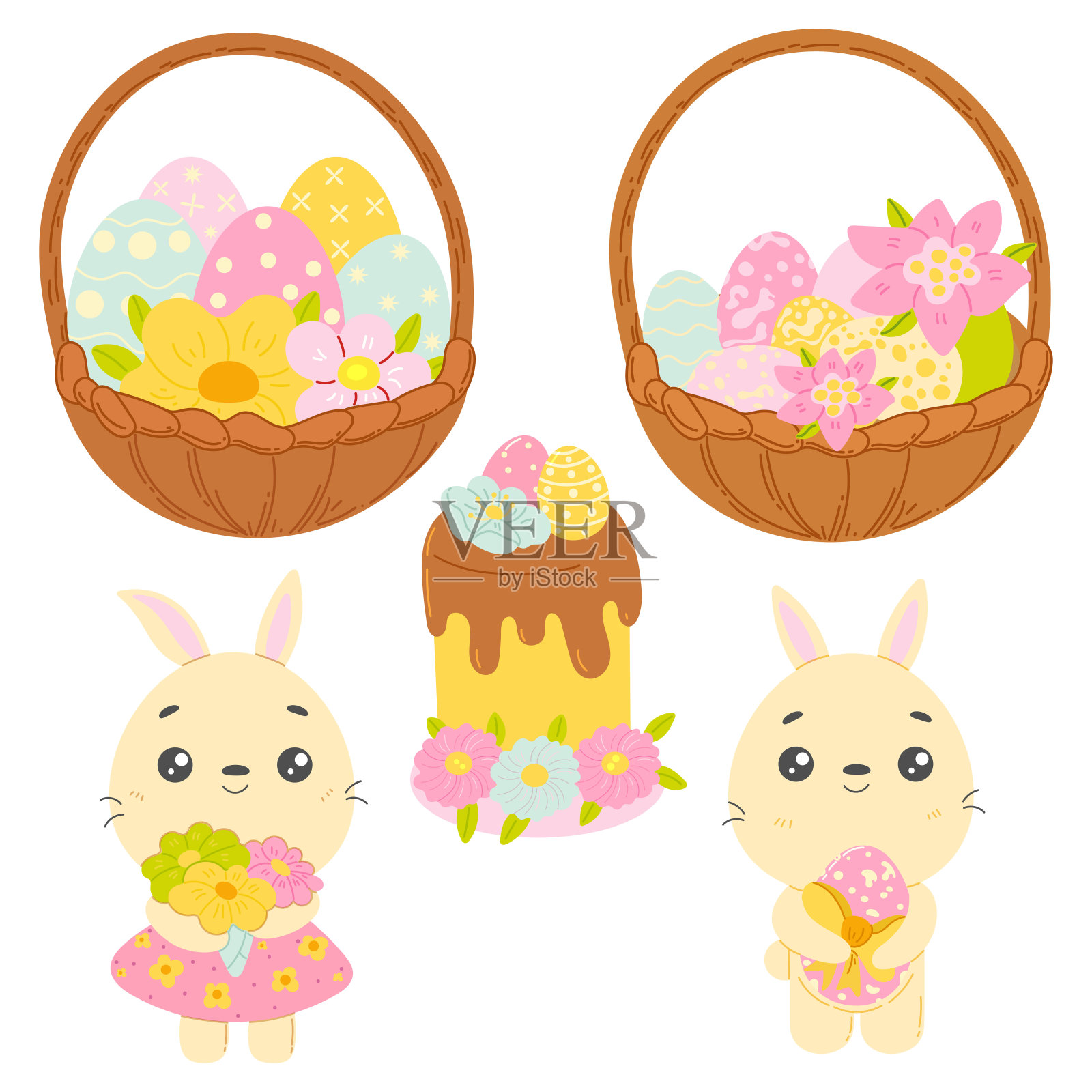 可爱的复活节套装。春天收集的兔子，蛋糕，复活节彩蛋和装饰品。用于海报，卡片，剪贴簿，贴纸插画图片素材
