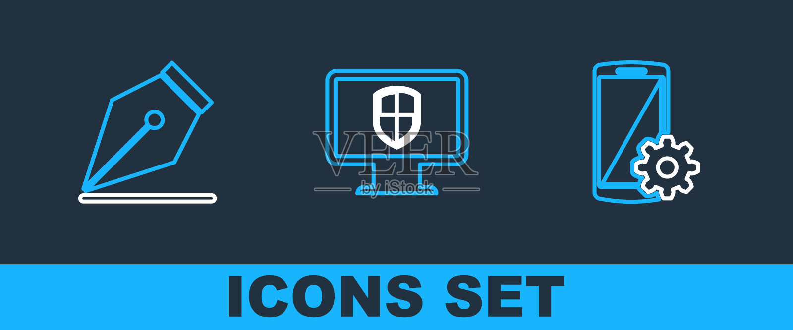 在智能手机、钢笔笔尖、显示器和屏蔽图标上设置线条。向量插画图片素材