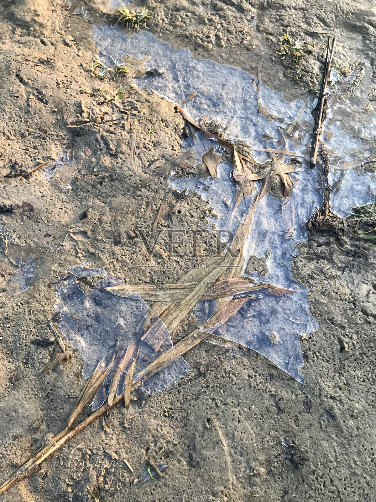 冰封的湖，沙上的冰融化了照片摄影图片