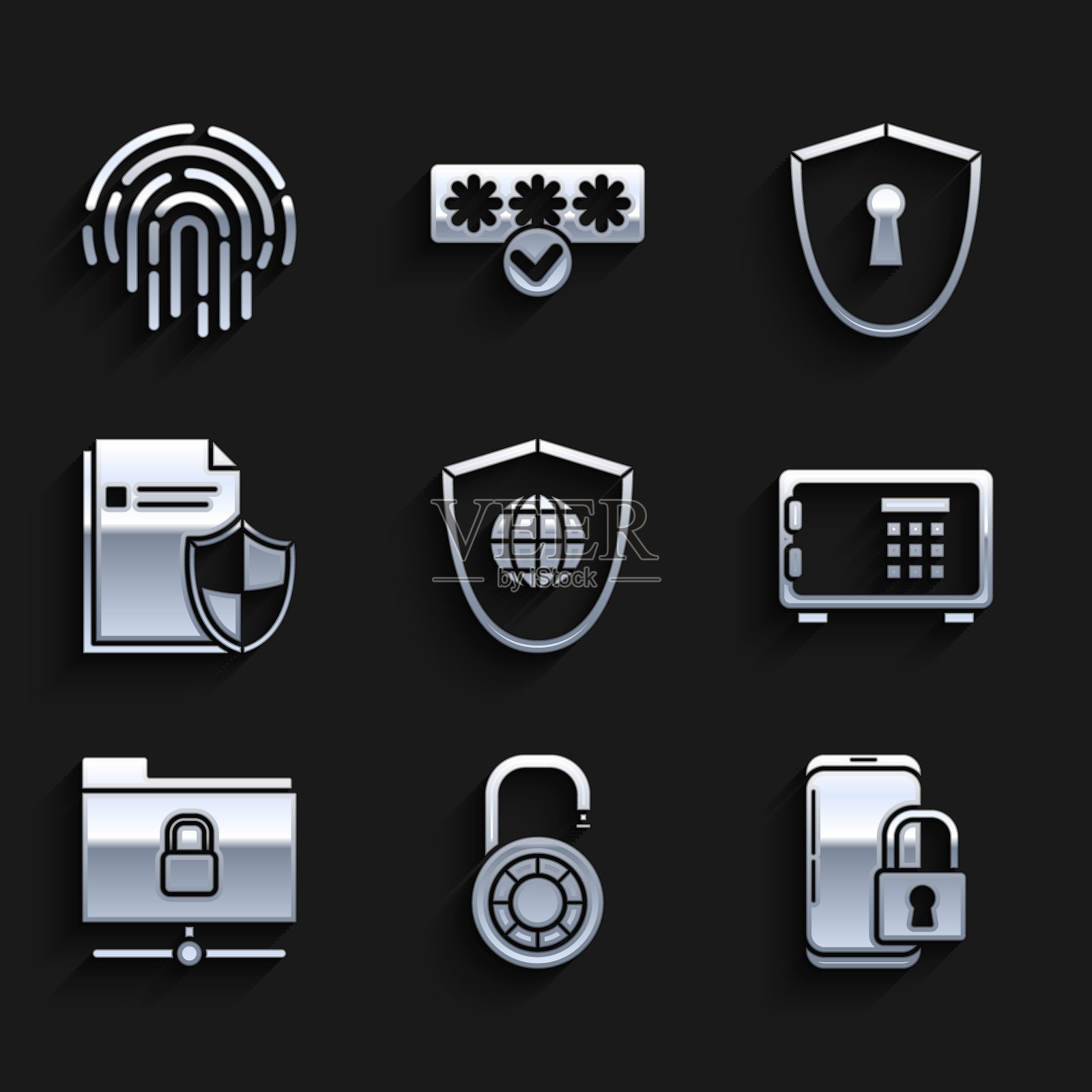 设置盾牌与世界地球仪，安全组合锁轮，智能手机封闭挂锁，FTP文件夹和，文件保护概念，钥匙孔和指纹图标。向量插画图片素材