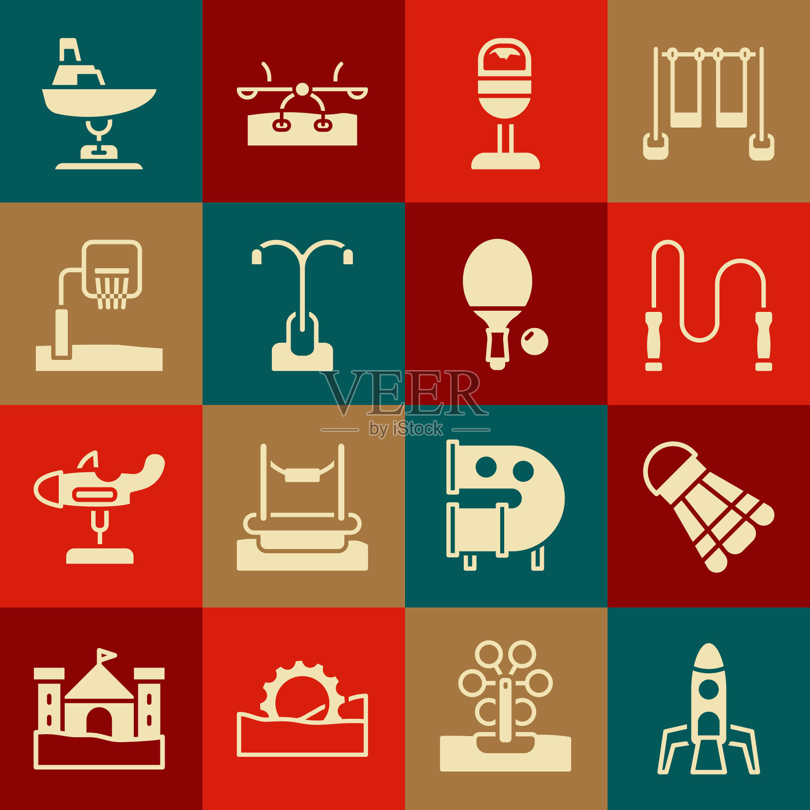 集火箭船，羽毛球毽子，跳绳，垃圾桶，路灯，篮球篮板，摇摆船和球拍和图标。向量插画图片素材