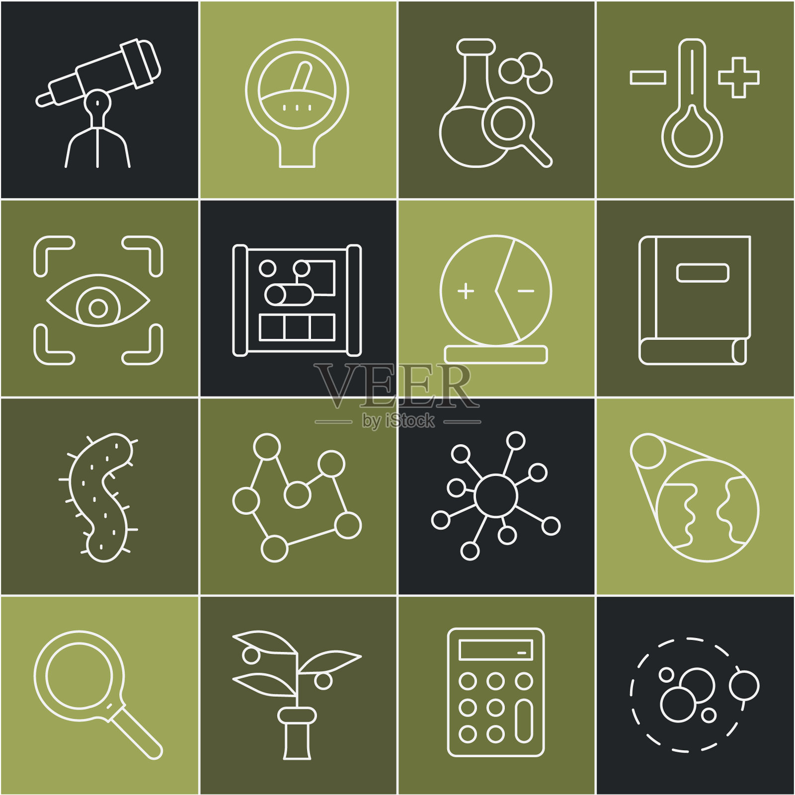 集线原子，地球，科学书籍，试管，工程制图纸，眼睛扫描，望远镜和图标。向量插画图片素材