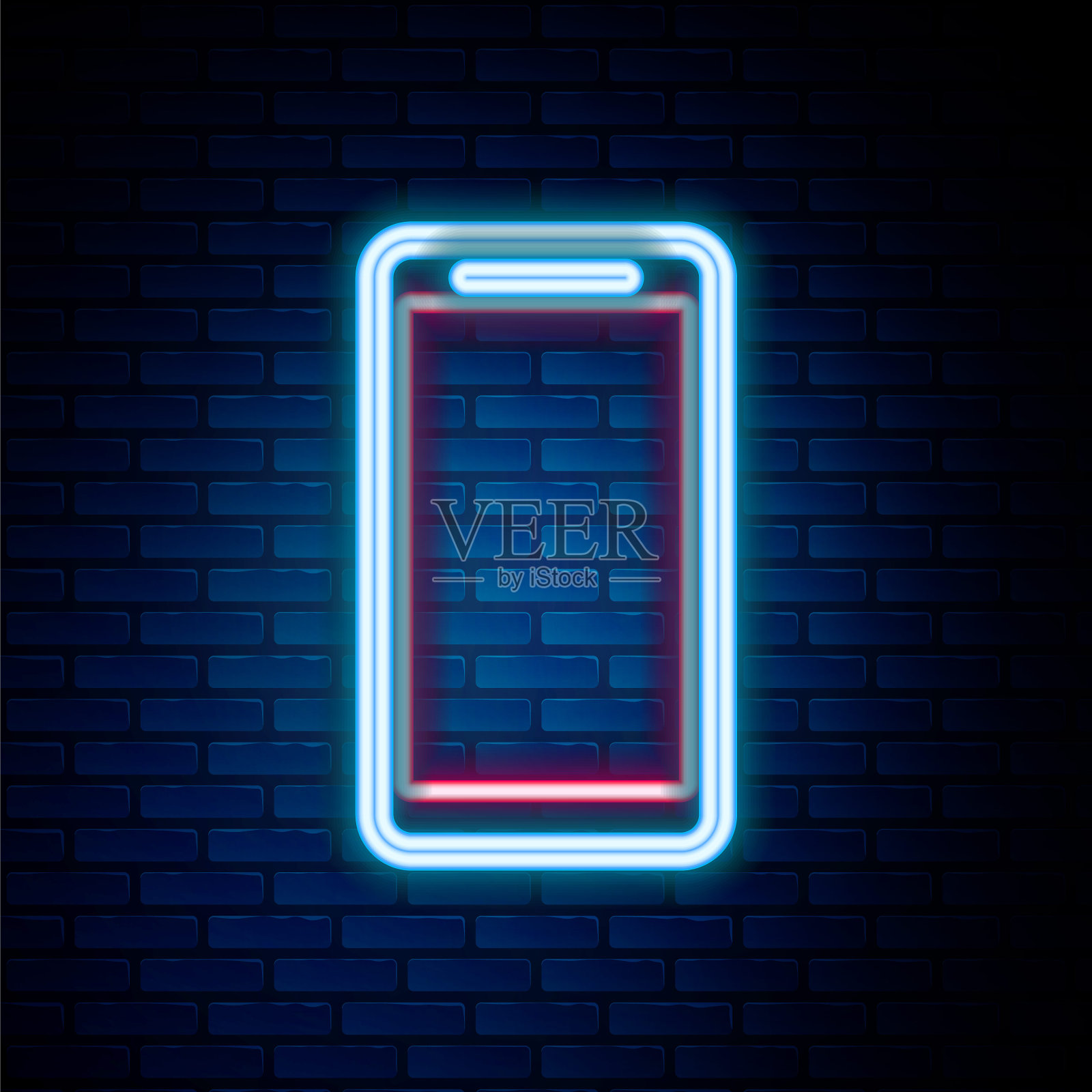 发光的霓虹线智能手机，手机图标孤立在砖墙背景。色彩缤纷的轮廓概念。向量插画图片素材