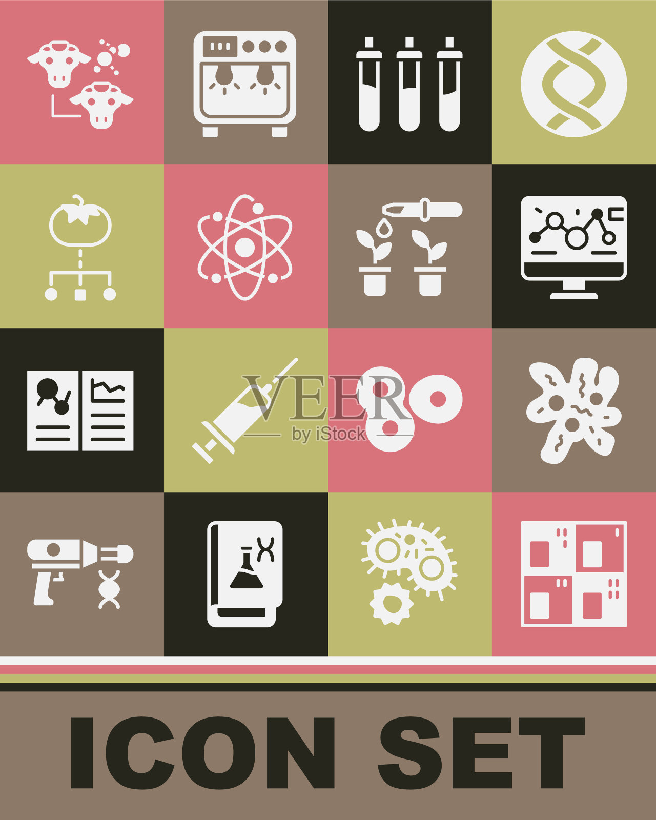 集周期表，细胞，基因工程修改，试剂瓶，原子，转基因食品，克隆和移液管和植物图标。向量插画图片素材