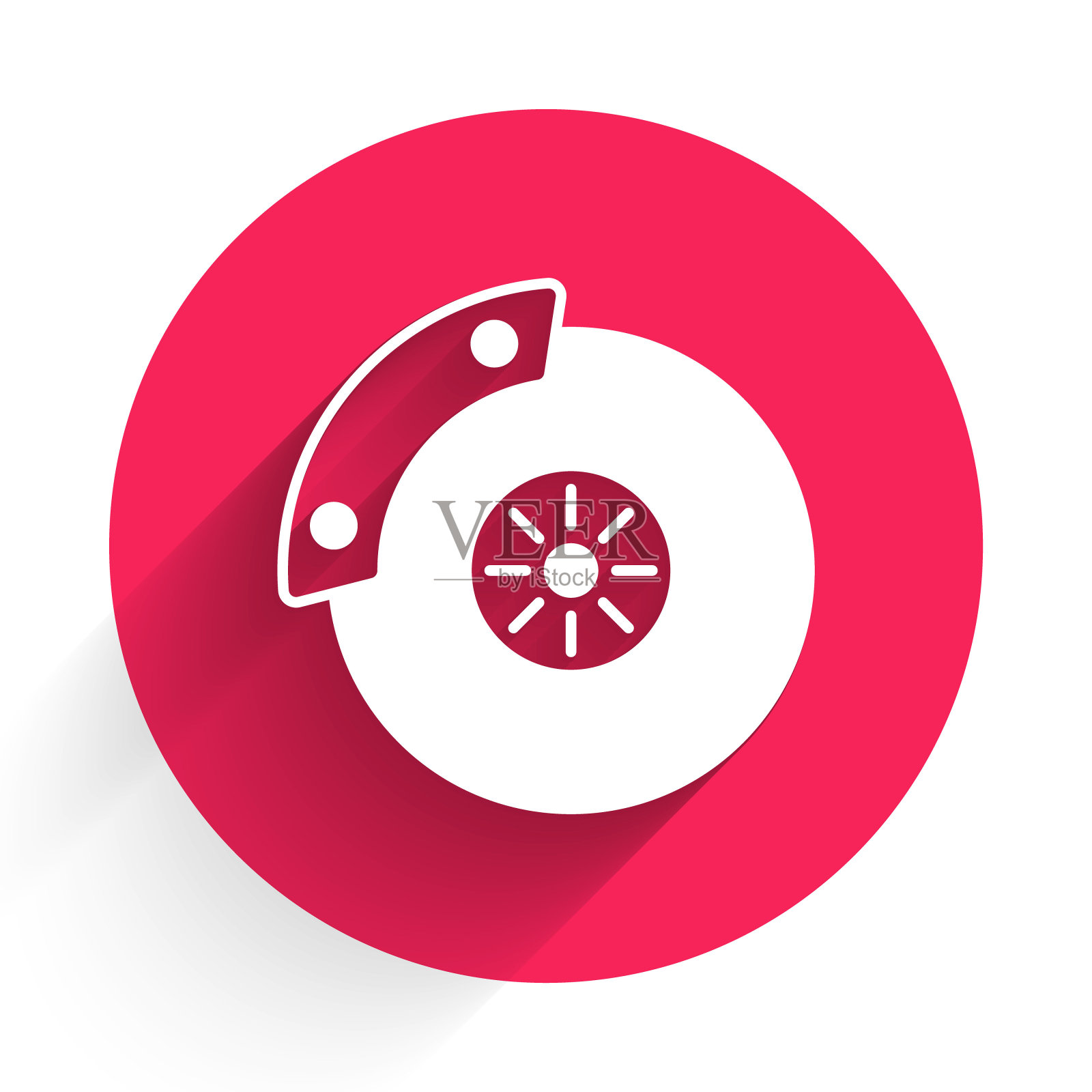 白色汽车制动盘与卡钳图标隔离与长阴影背景。红色圆圈按钮。向量插画图片素材