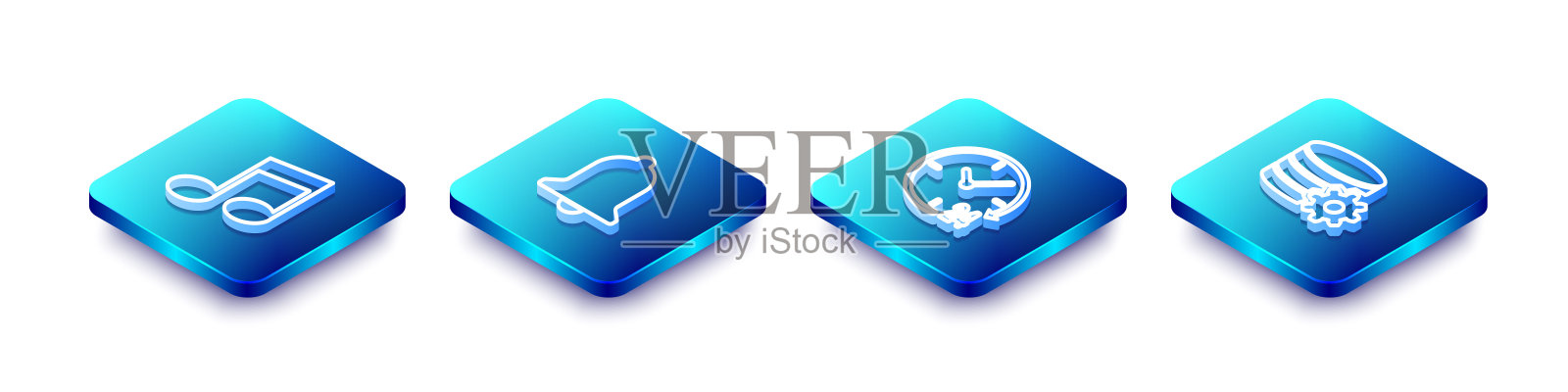 设置等距线音符，音调，振铃，时钟24小时和设置数据库服务器图标。向量插画图片素材