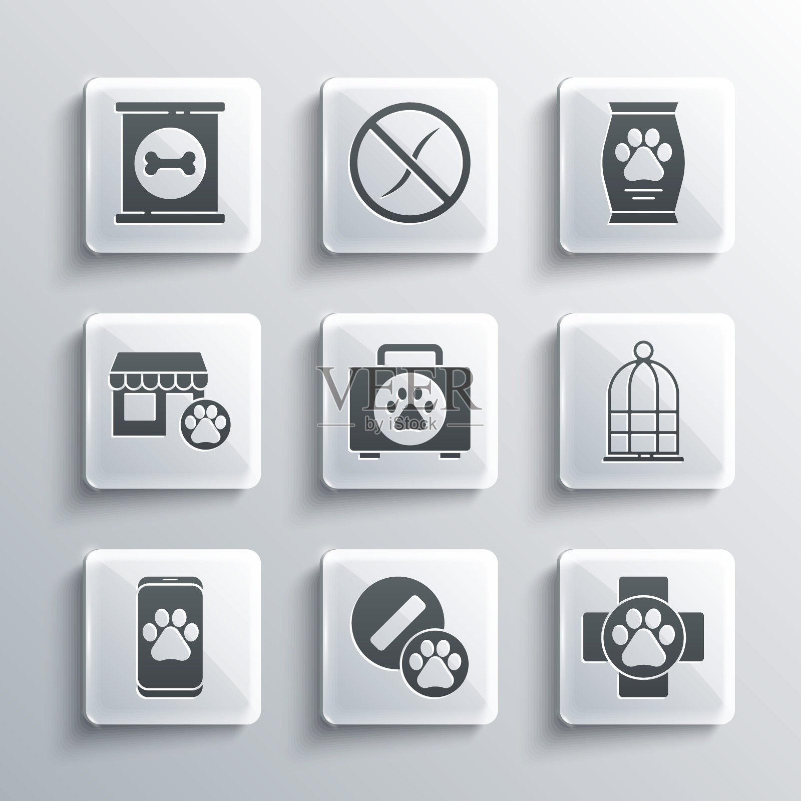 套装狗丸，兽医诊所，鸟笼，宠物急救箱，医院，罐头食品和图标袋。向量插画图片素材