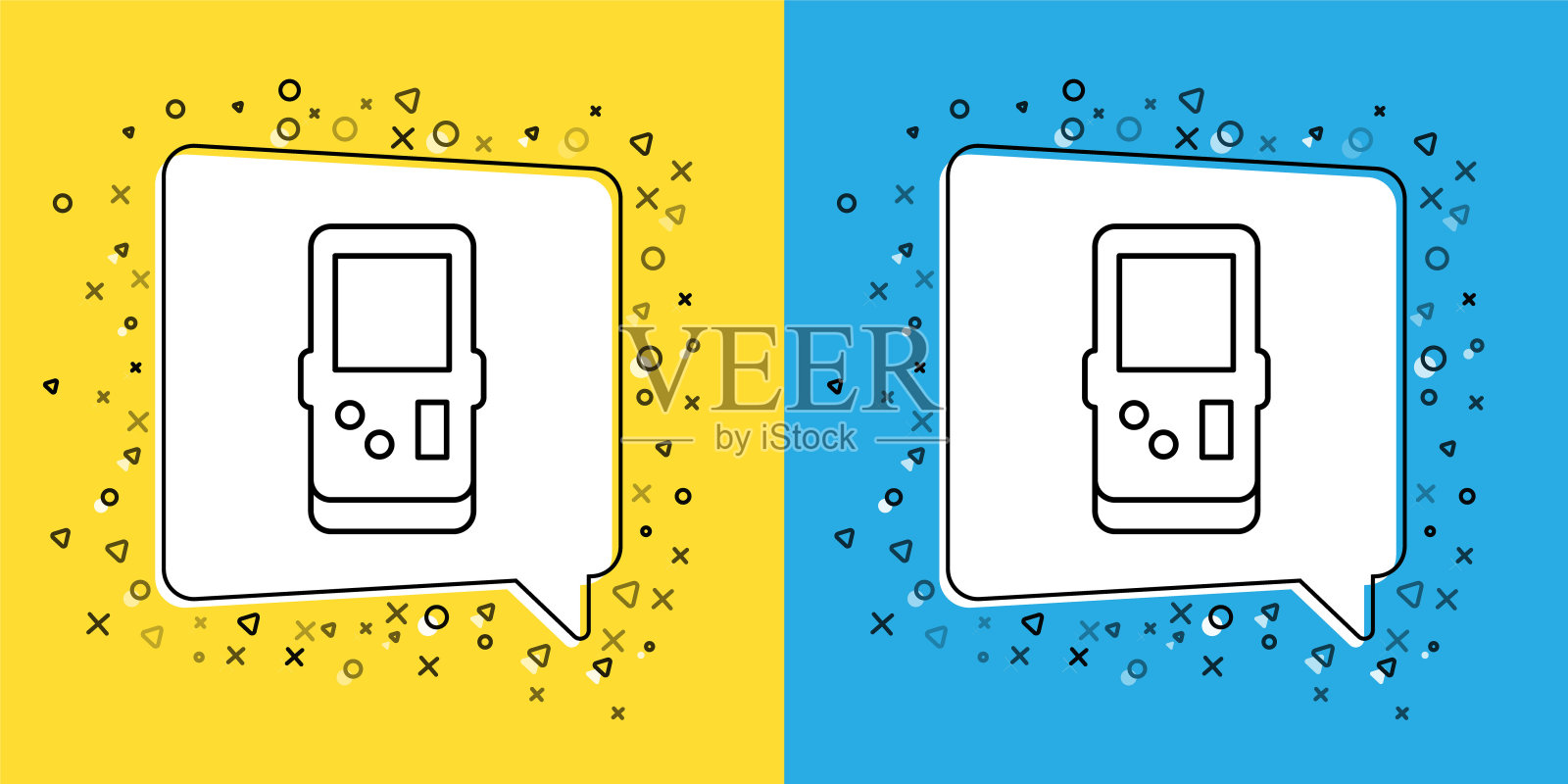 设置线便携式俄罗斯方块电子游戏图标隔离在黄色和蓝色的背景。复古风格的口袋砖游戏。互动播放装置。向量插画图片素材