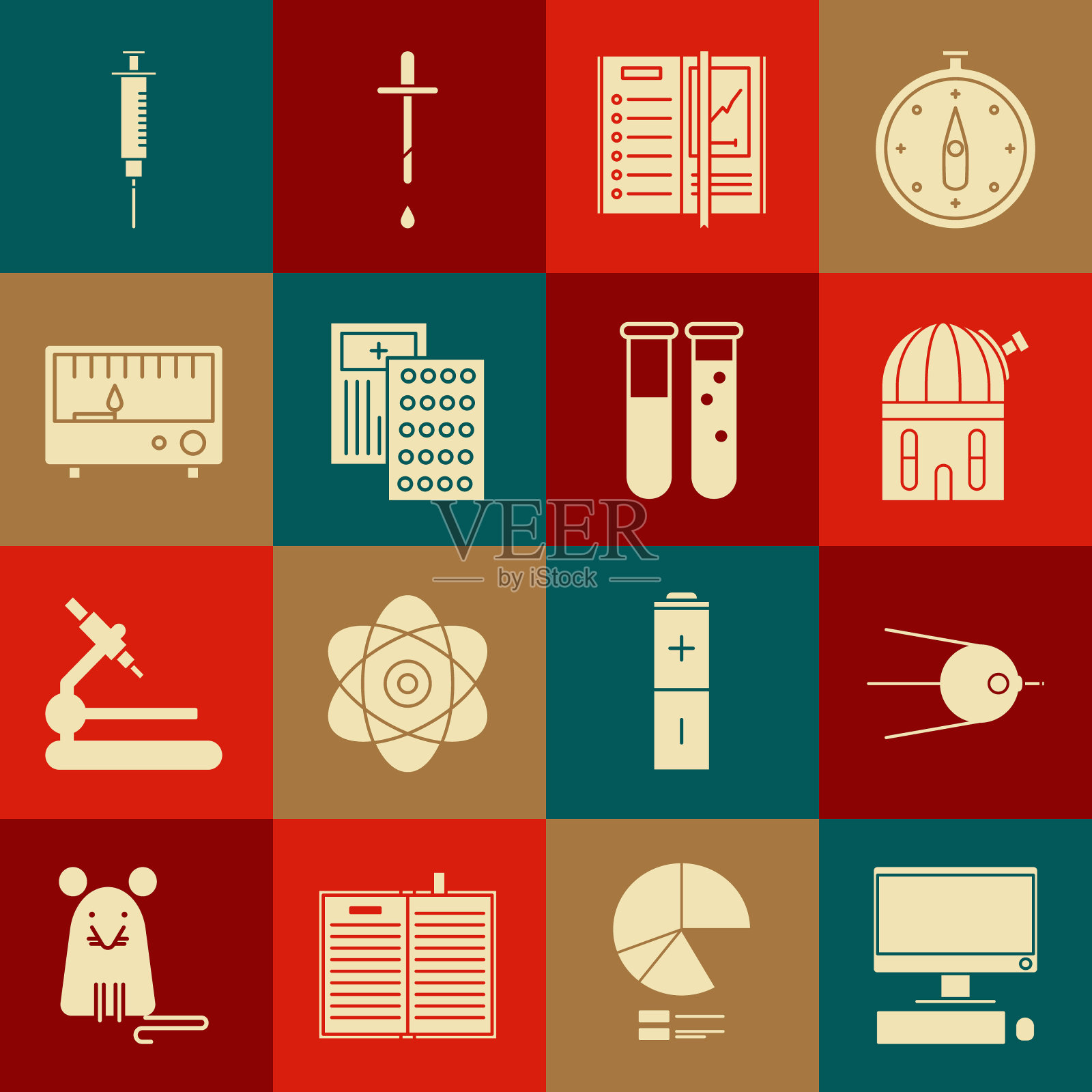 设置电脑显示器，键盘和鼠标，天文台，笔记本电脑，药丸泡罩包装，电子测量仪器，注射器和试管瓶化学实验室图标。向量插画图片素材