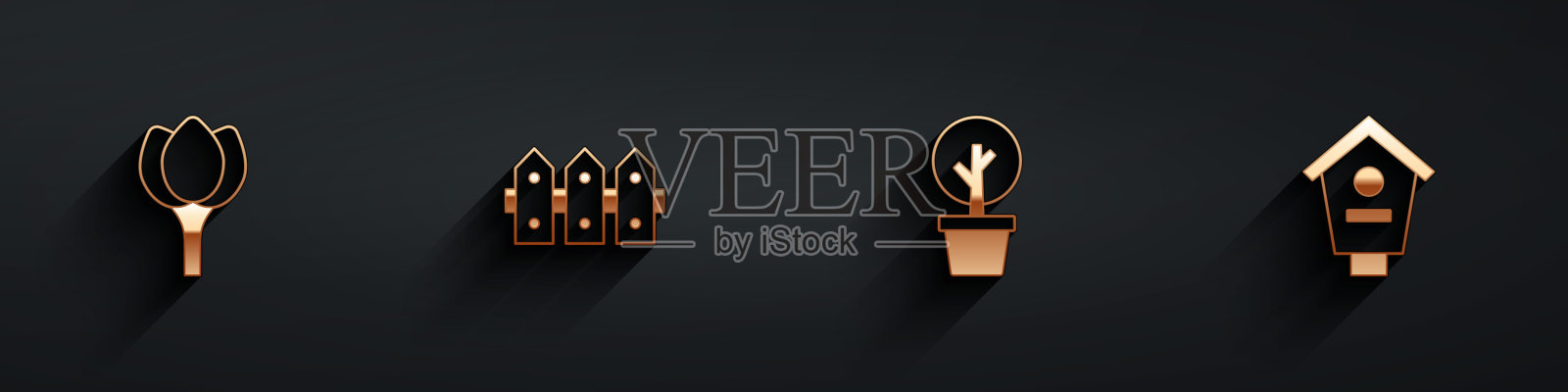 集花郁金香，花园栅栏木，森林和鸟的房子图标长阴影。向量插画图片素材