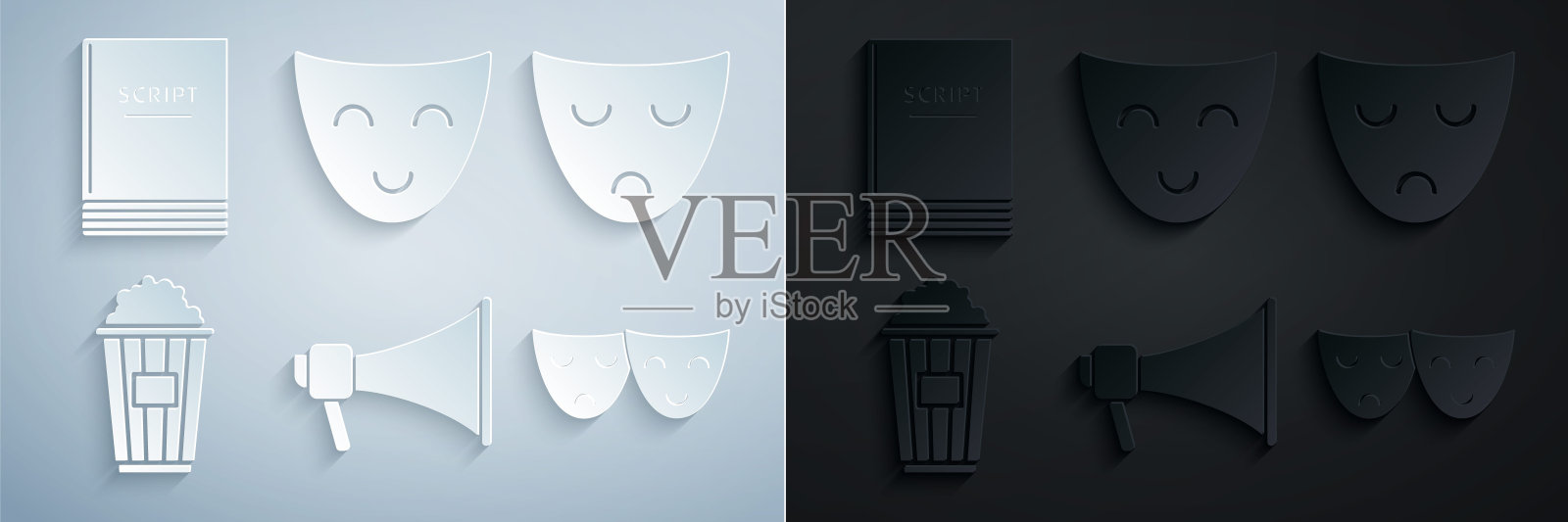 设置扩音器，戏剧戏剧面具，爆米花在纸箱，喜剧和悲剧面具，和场景图标。向量插画图片素材