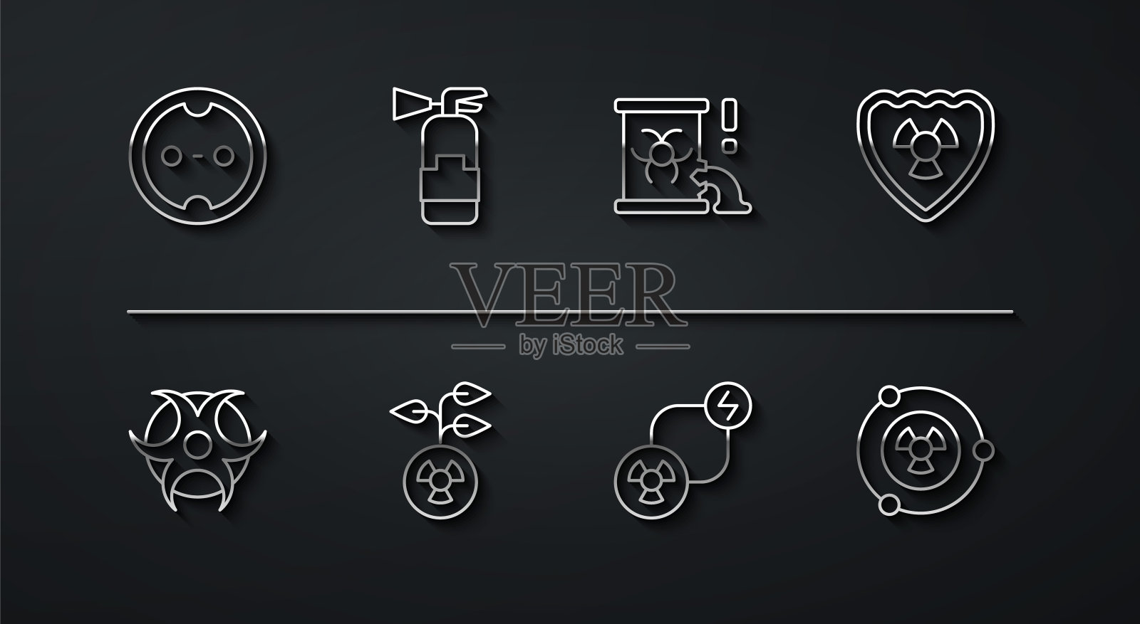 设置线路电源插座，生物危害标志，放射性屏蔽，交换能源，灭火器，和废物桶图标。向量插画图片素材