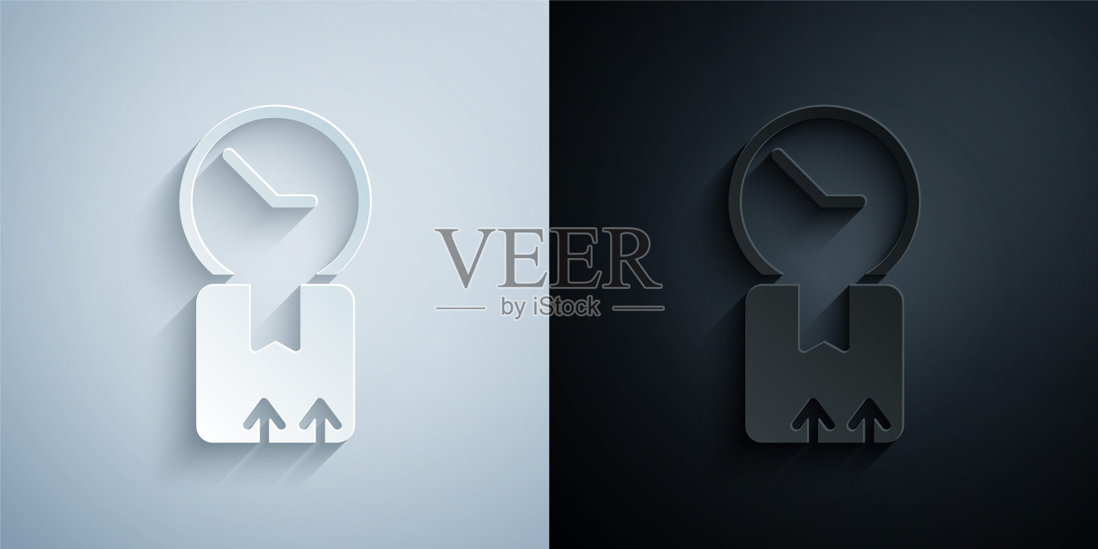 剪纸纸箱纸箱和快速交货图标隔离在灰色和黑色的背景。盒子、包装、包裹标志。运输和包装。纸艺风格。向量插画图片素材