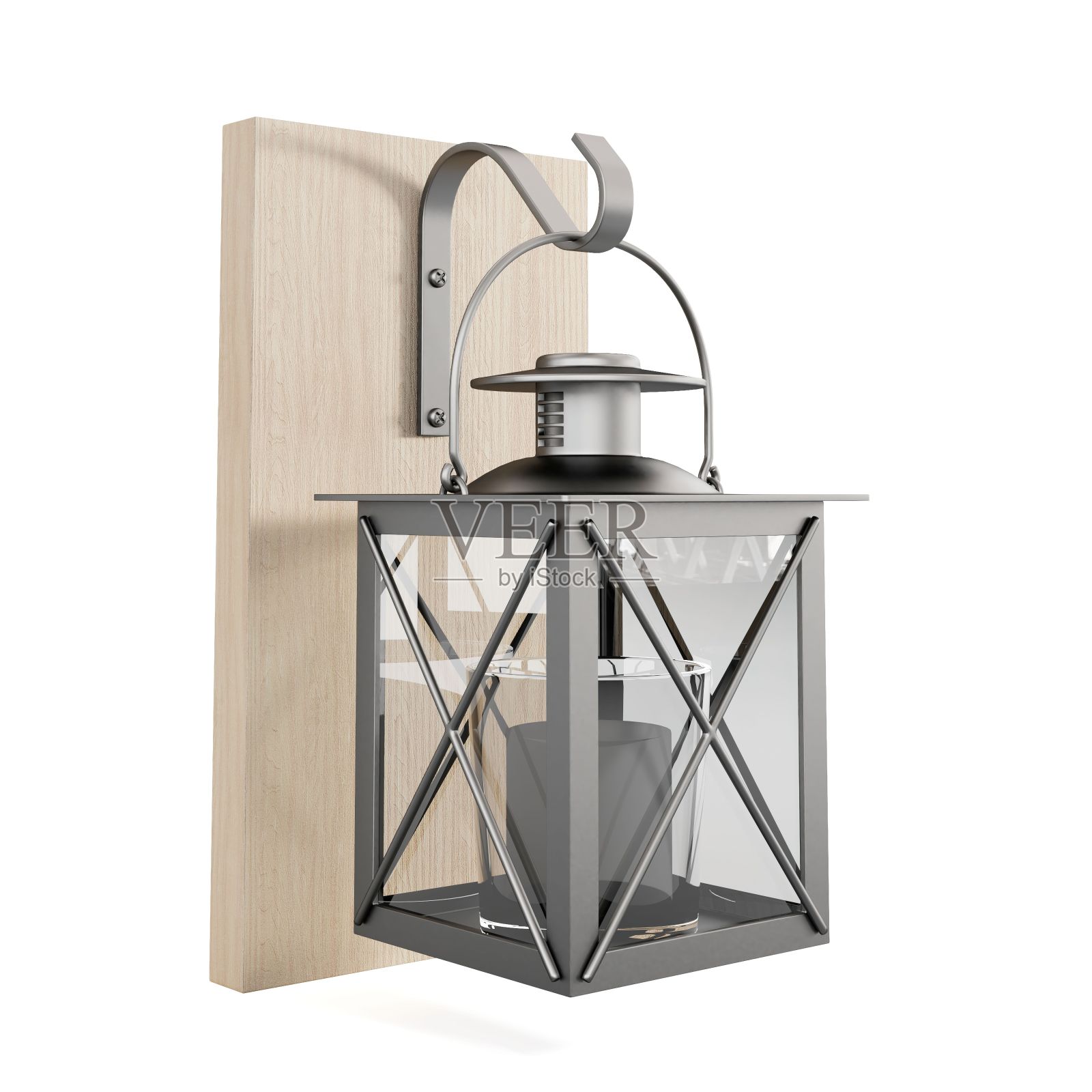 现实的3D渲染金属灯笼挂在木墙上照片摄影图片