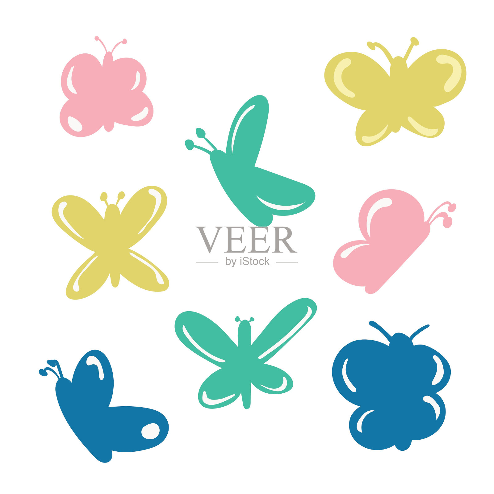 蝴蝶像气球一样明亮的矢量集。中性色的极简主义蝴蝶套装。矢量插图。插画图片素材