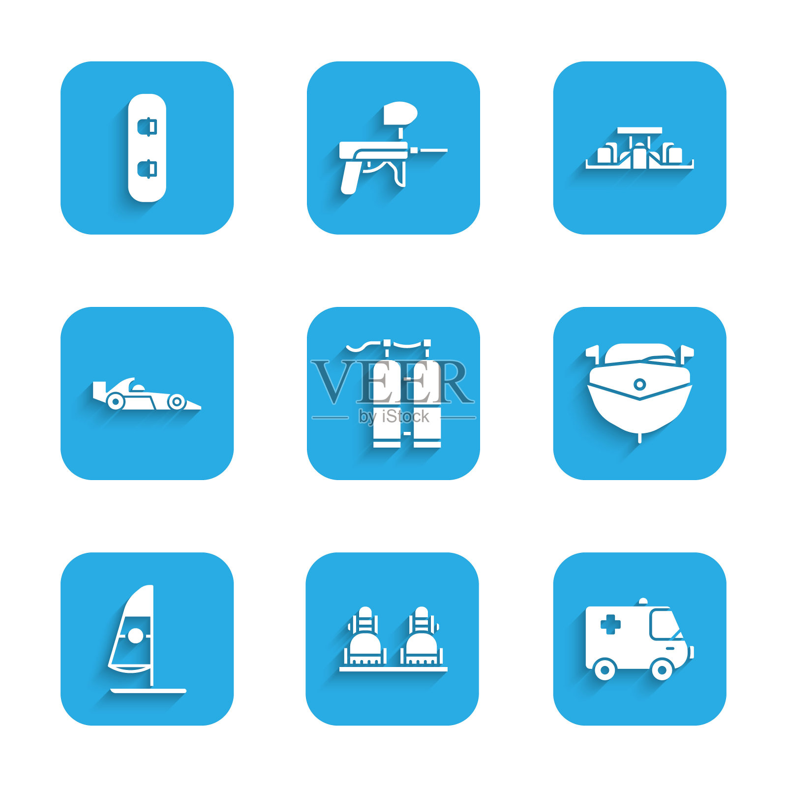 集水上运动，滑雪板，救护车和急救车，快艇，风帆冲浪，一级方程式赛车，和图标。向量插画图片素材