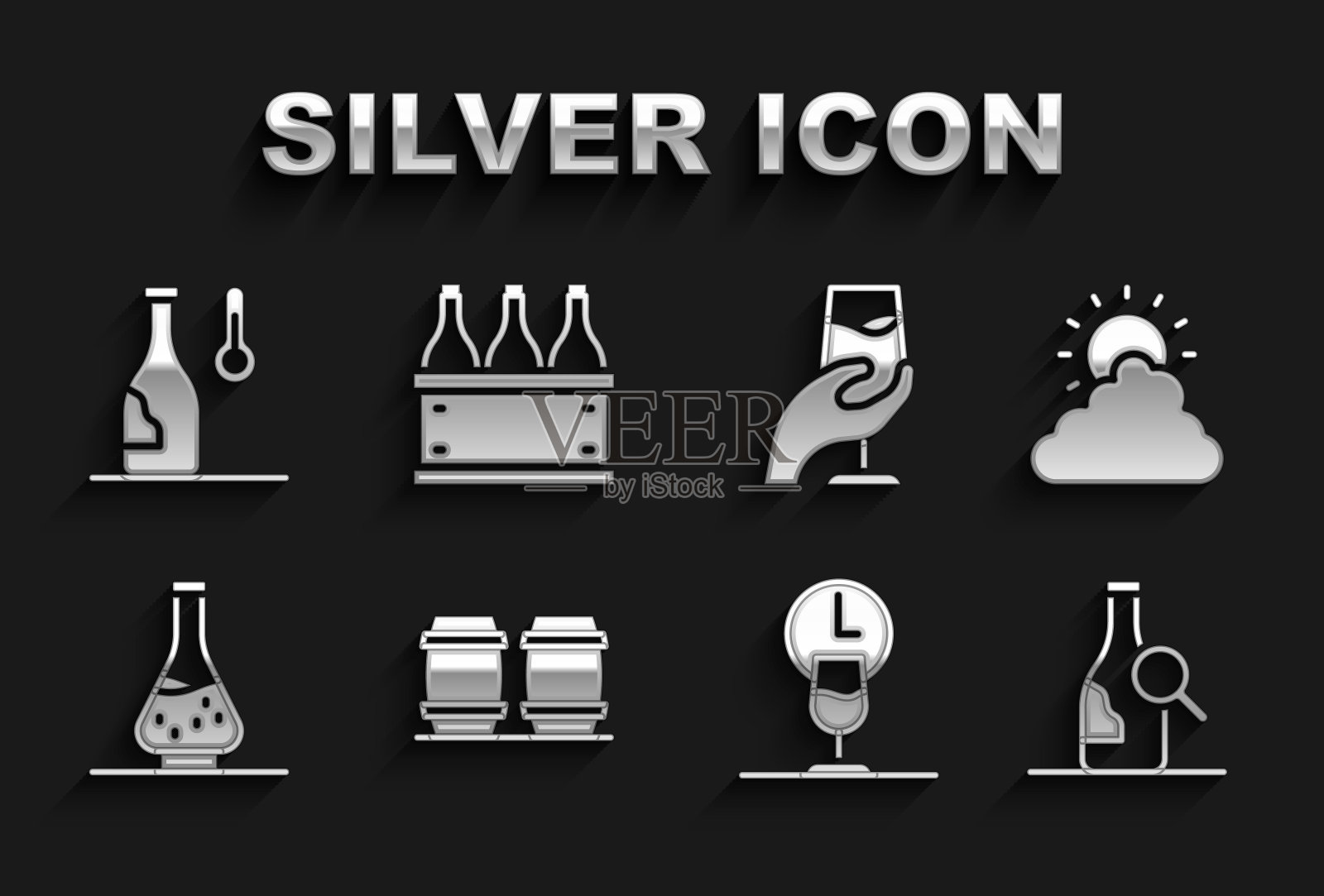 设置木桶酒，太阳和云的天气，瓶，酒的时间，醒酒器，品尝，品尝，温度和瓶盒图标。向量插画图片素材