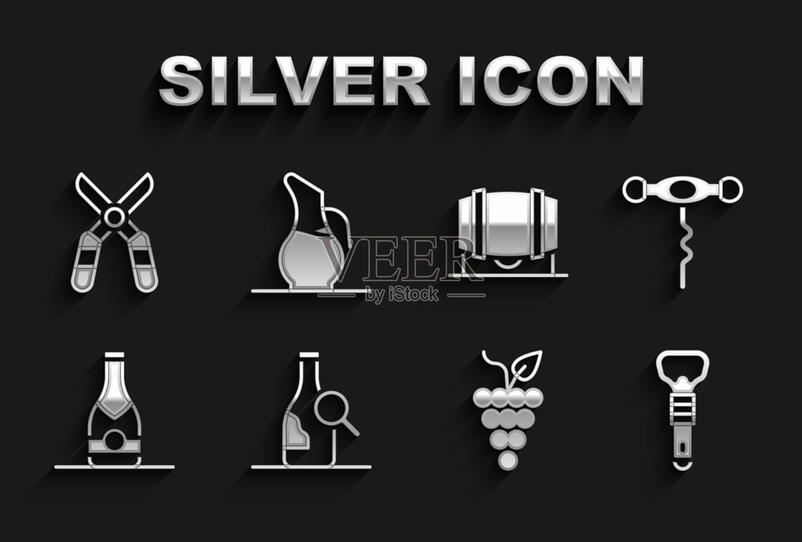 集瓶葡萄酒，葡萄酒开瓶器，开瓶器，葡萄串，香槟瓶，木桶，园艺剪刀和滗水器图标。向量插画图片素材